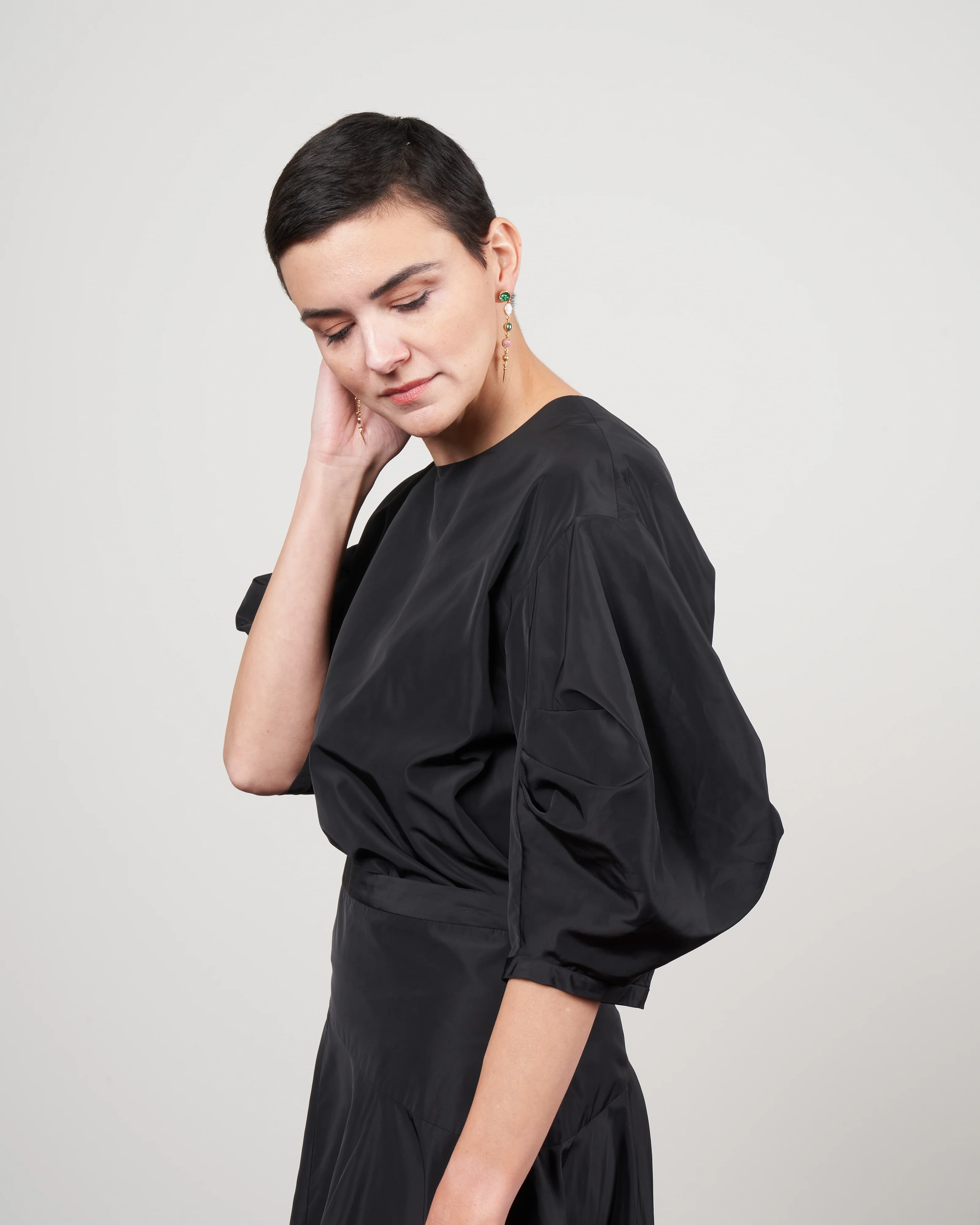 italian sporty nylon pleat sleeve top - black - Image 2
