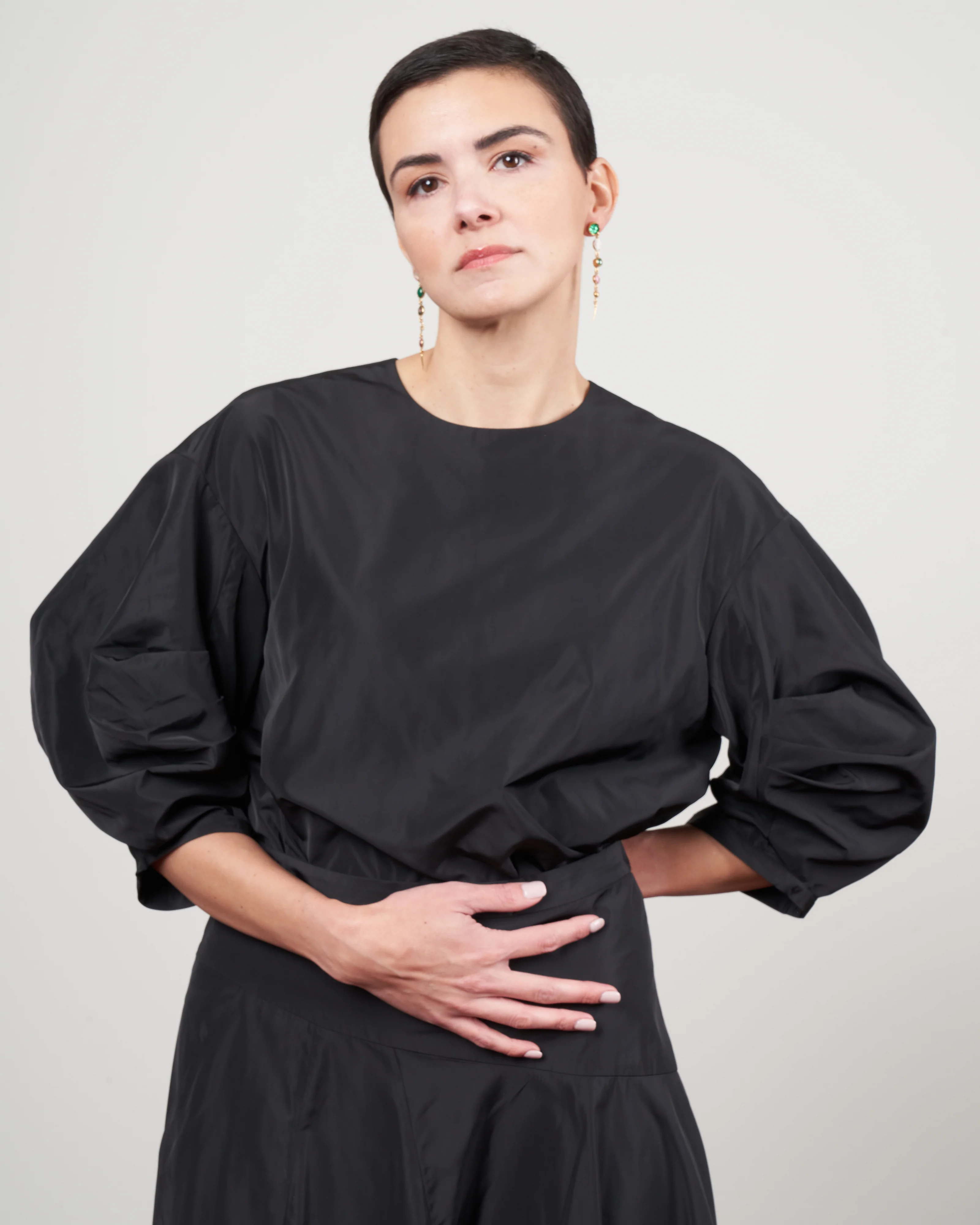 italian sporty nylon pleat sleeve top - black - Image 5