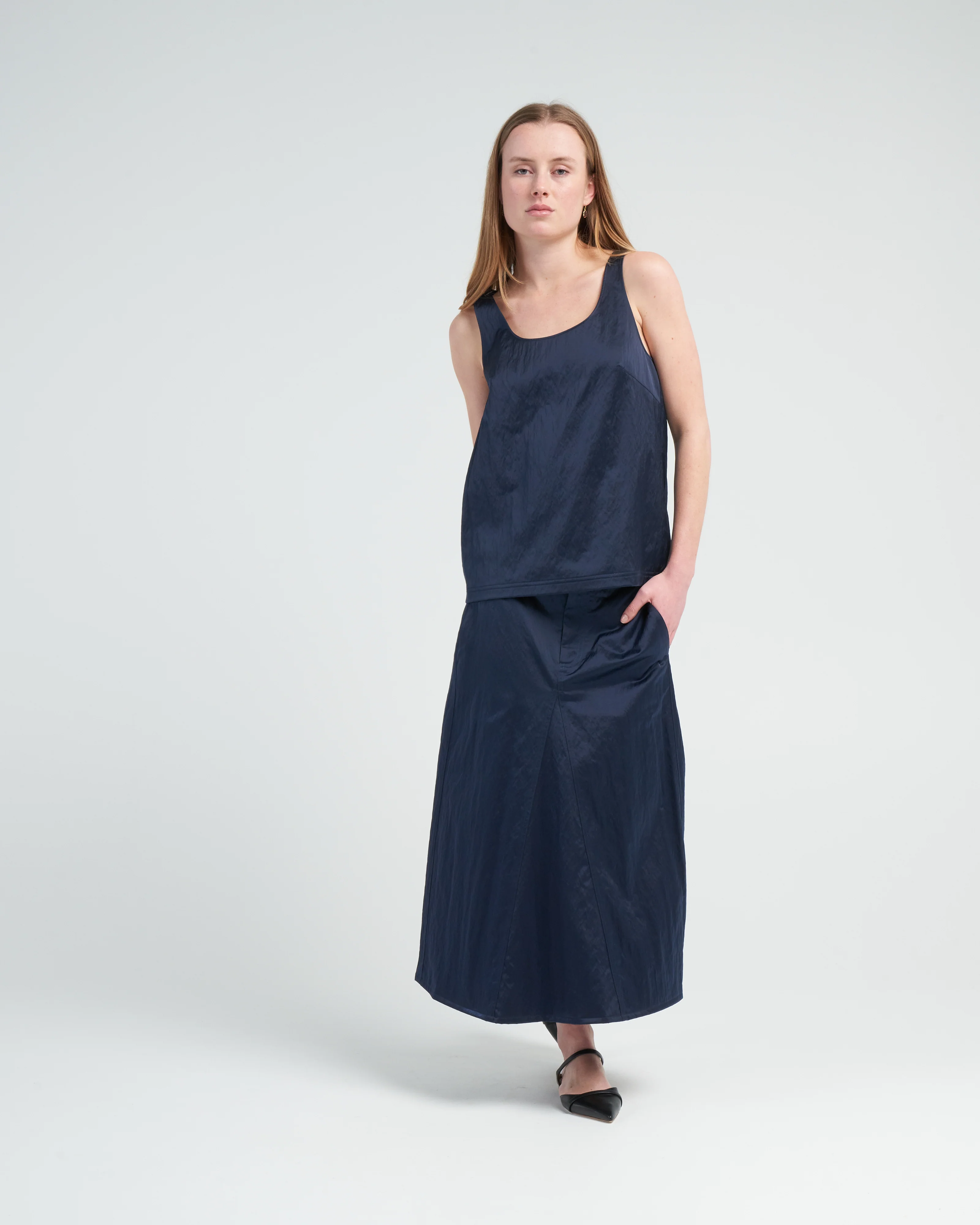 luxe eco satin godet midi skirt - navy - Image 2