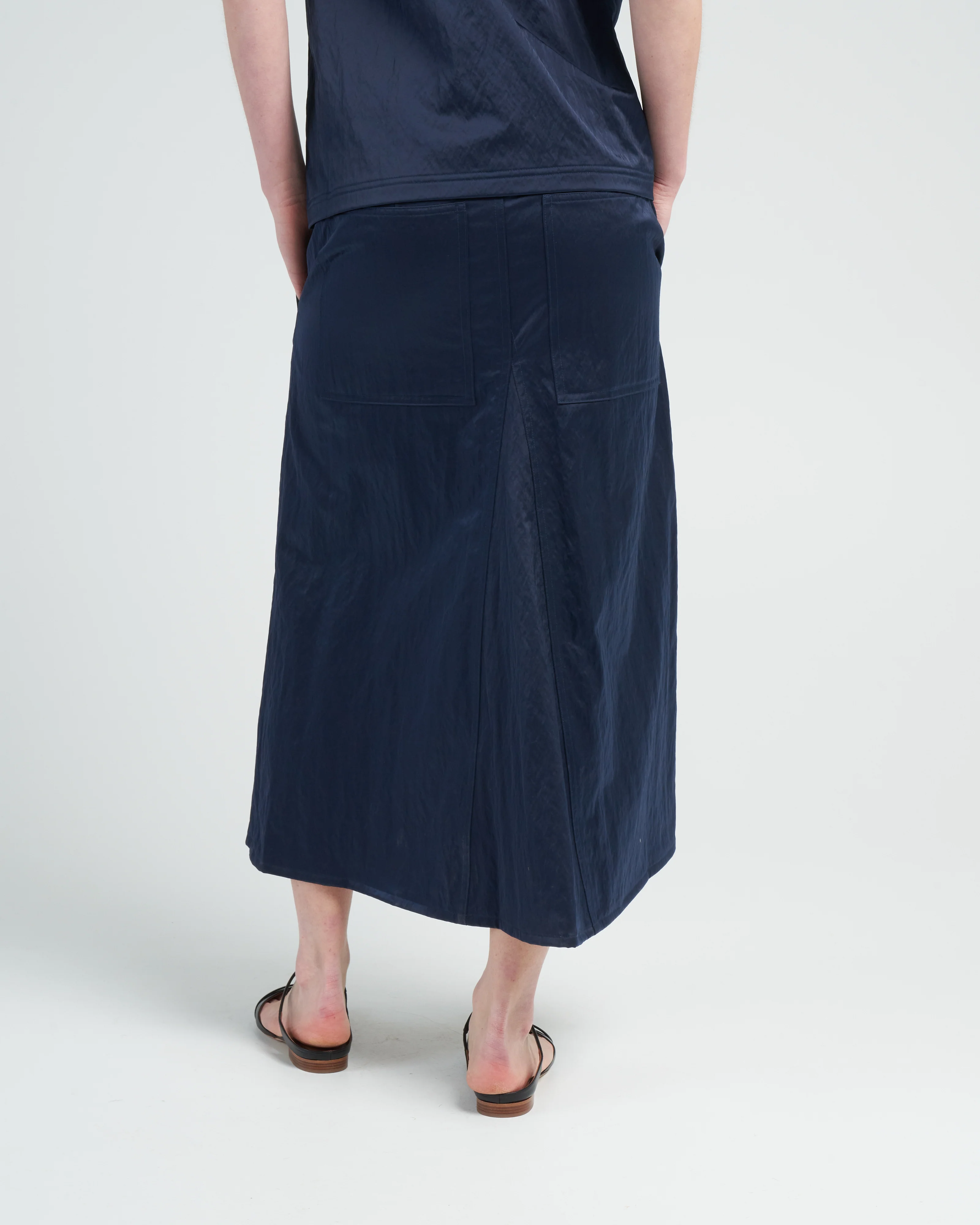 luxe eco satin godet midi skirt - navy - Image 4