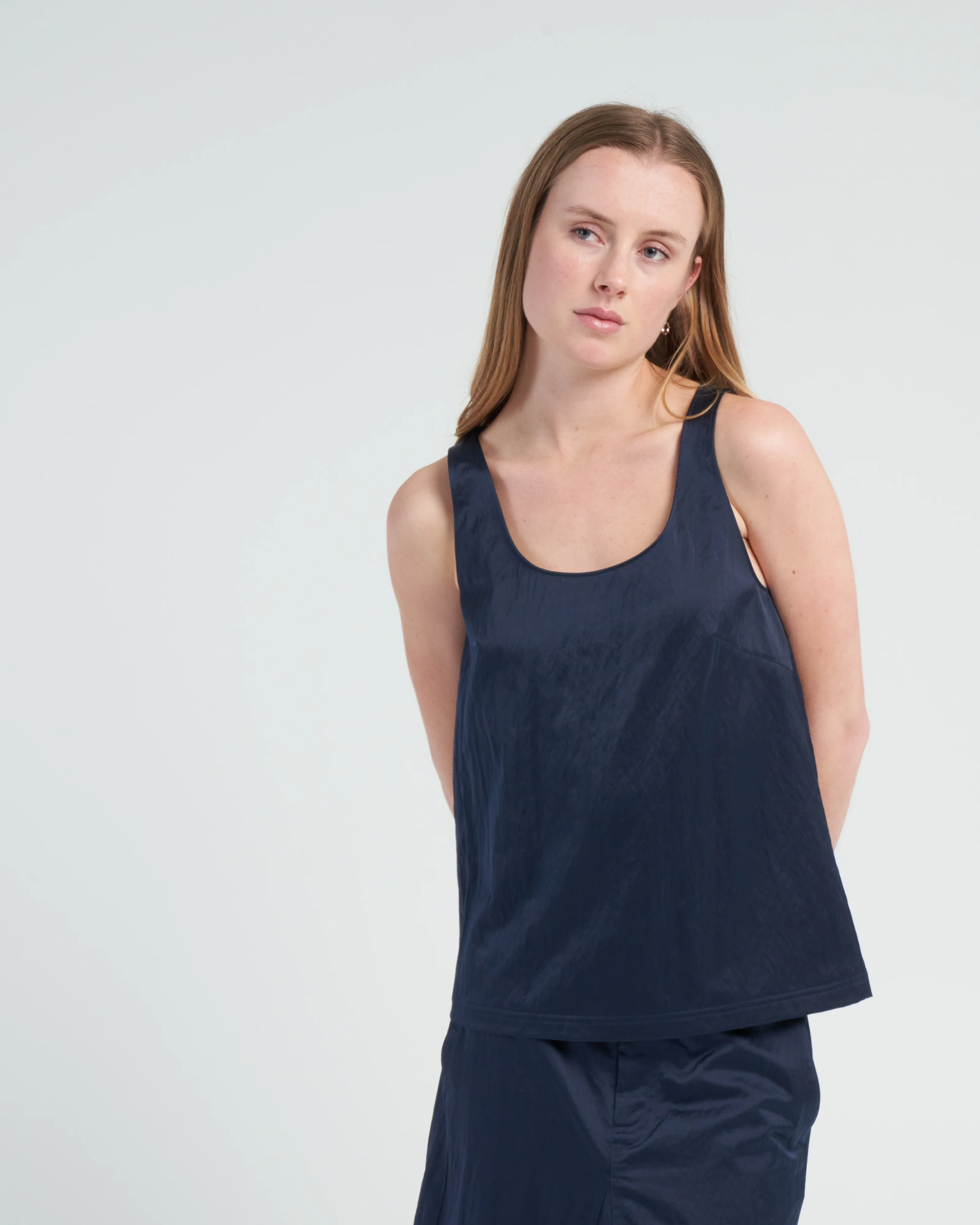 luxe eco satin nylon scoopneck tank - navy - Image 3