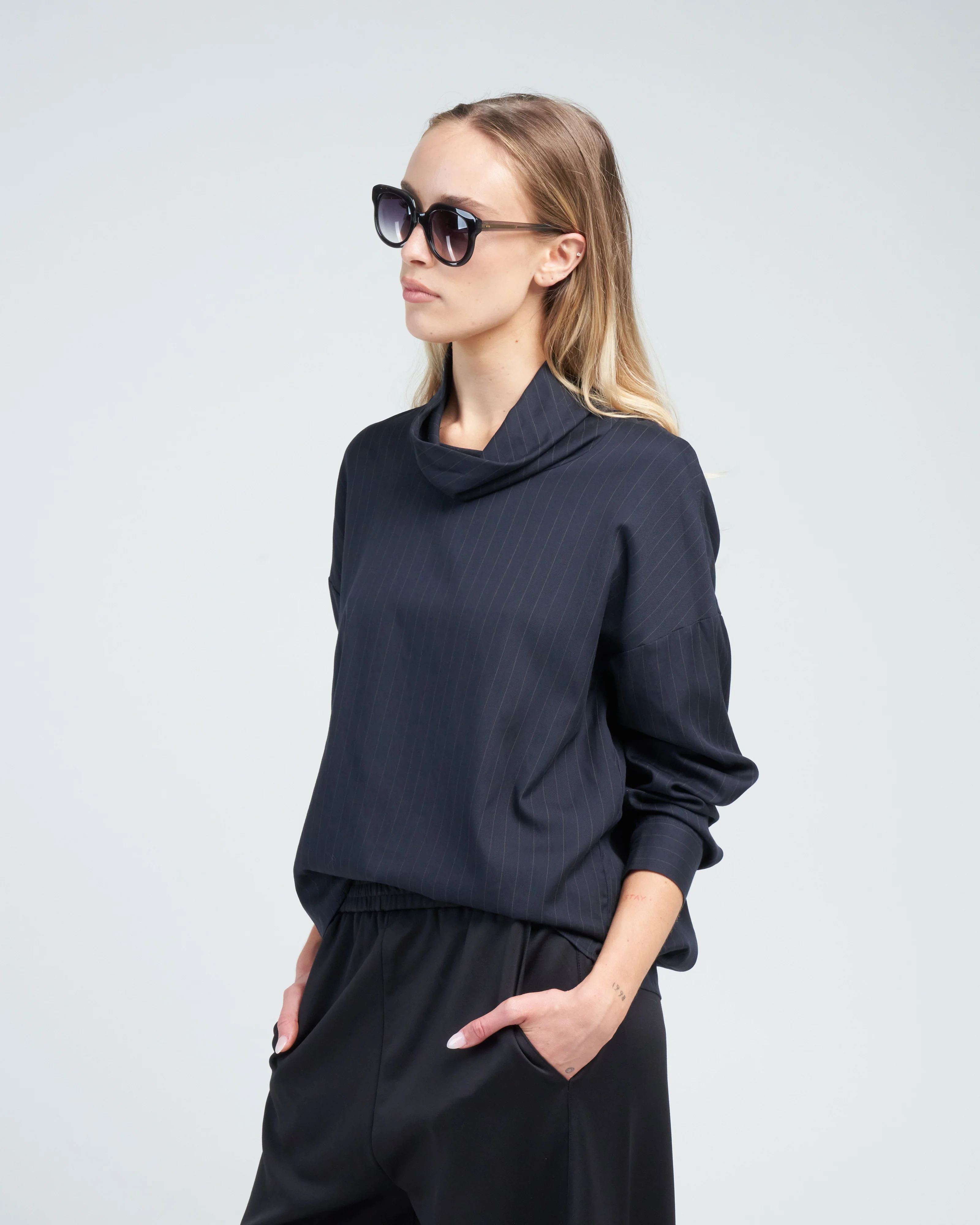 lyocell drape cowl neck top - navy multi - Image 3