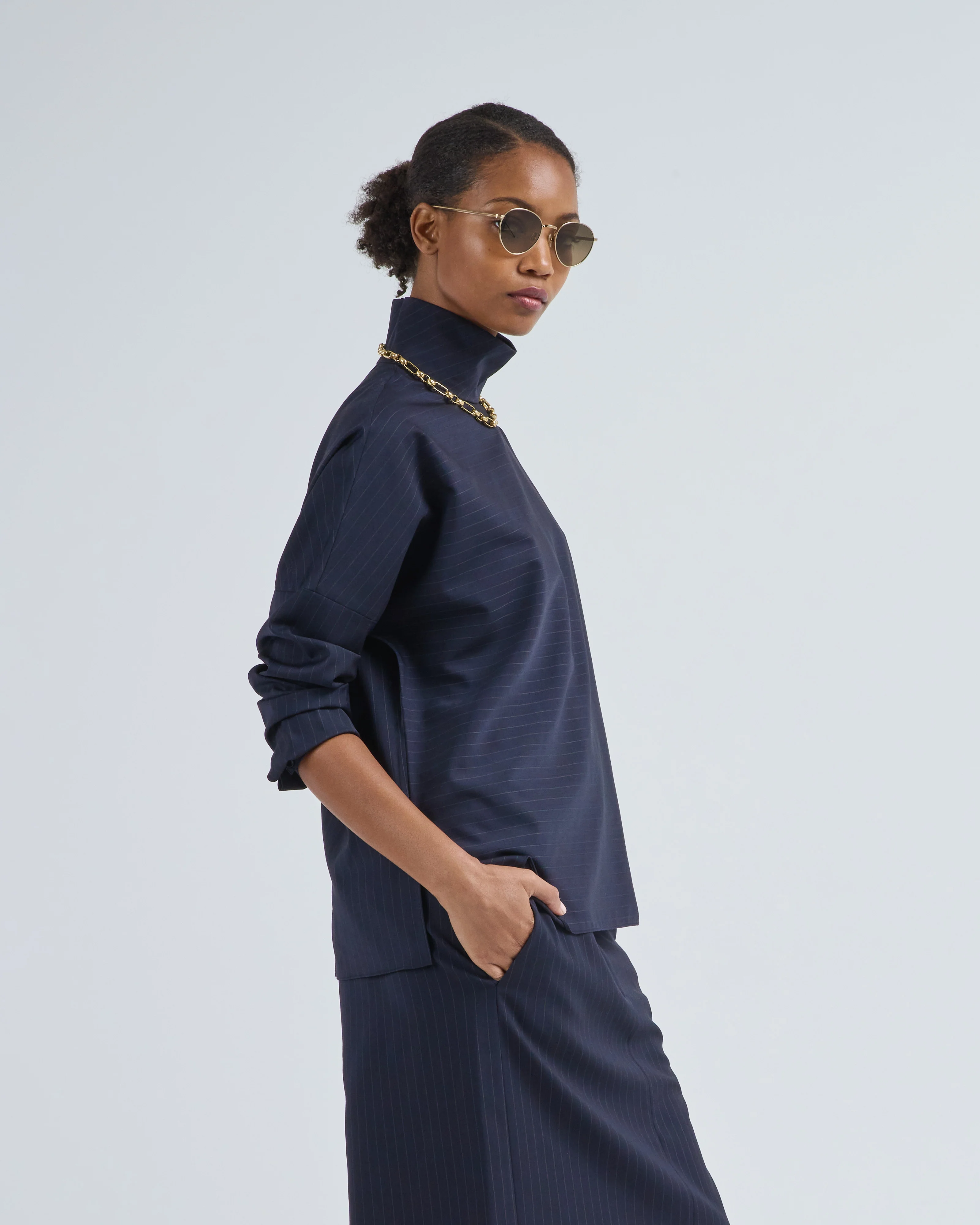 mier pinstripe funnel neck dolman sleeve top - Image 4