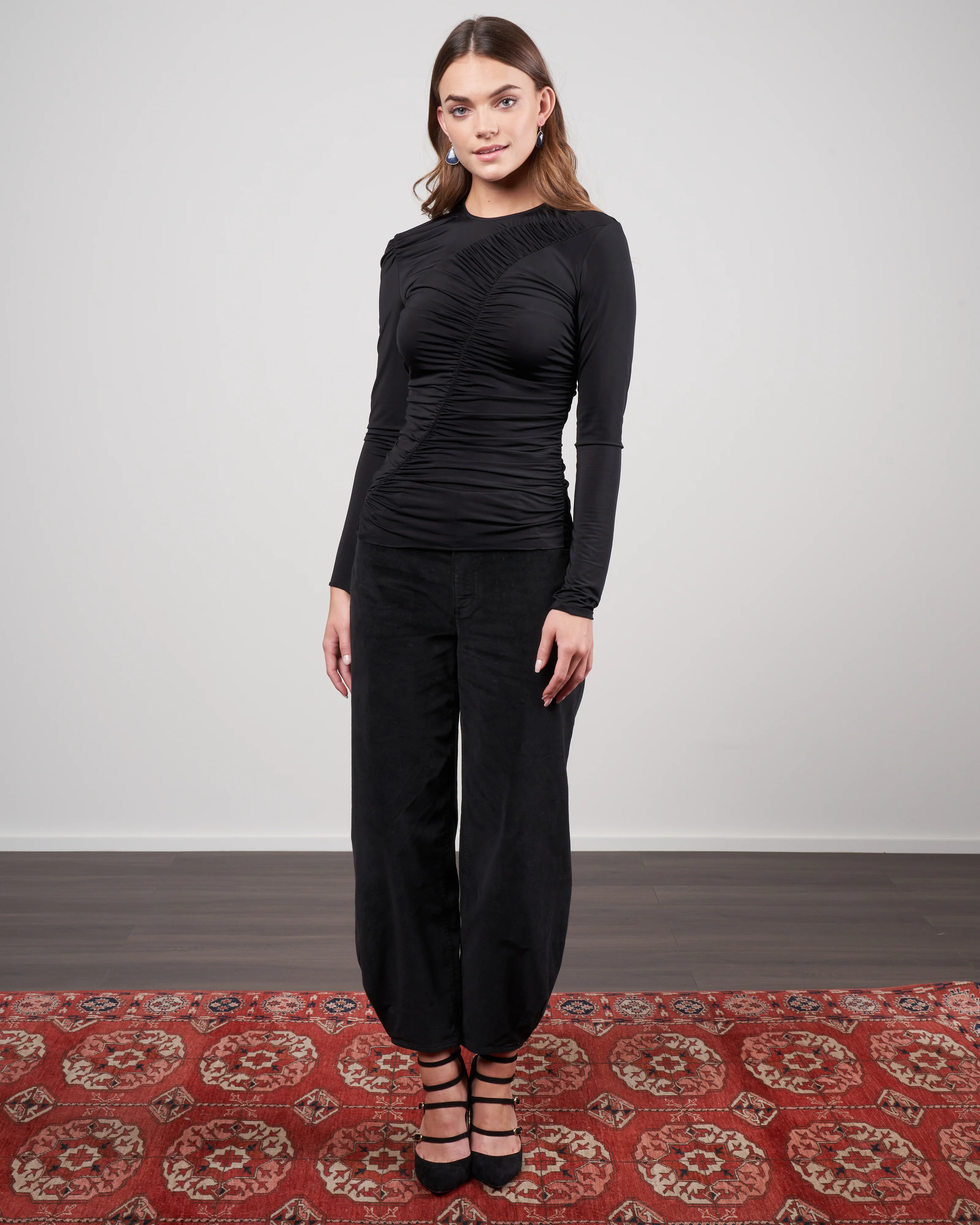 ruched jersey crewneck top - black - Image 2