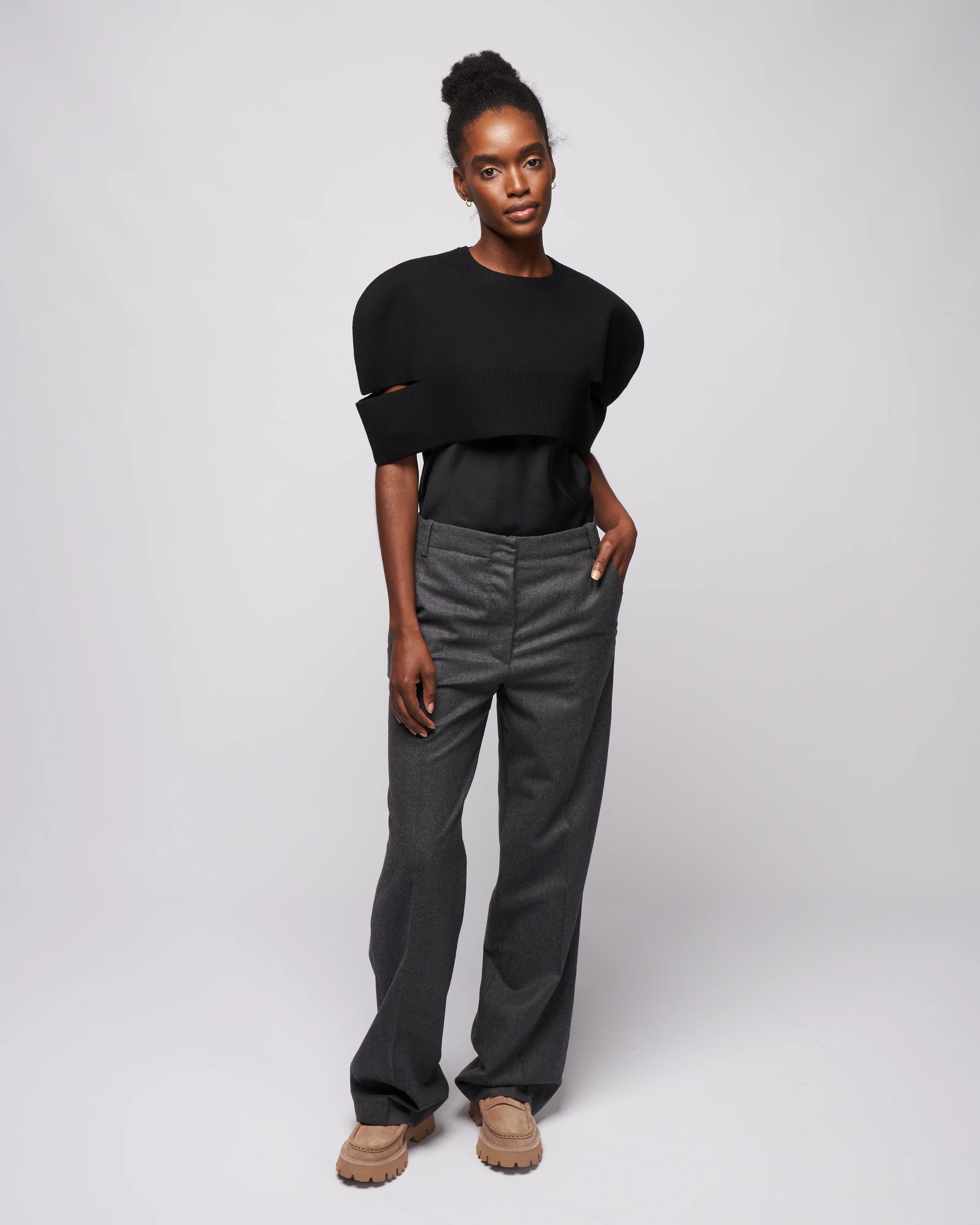 sculpted wool sweater cutout cape - black - Image 2