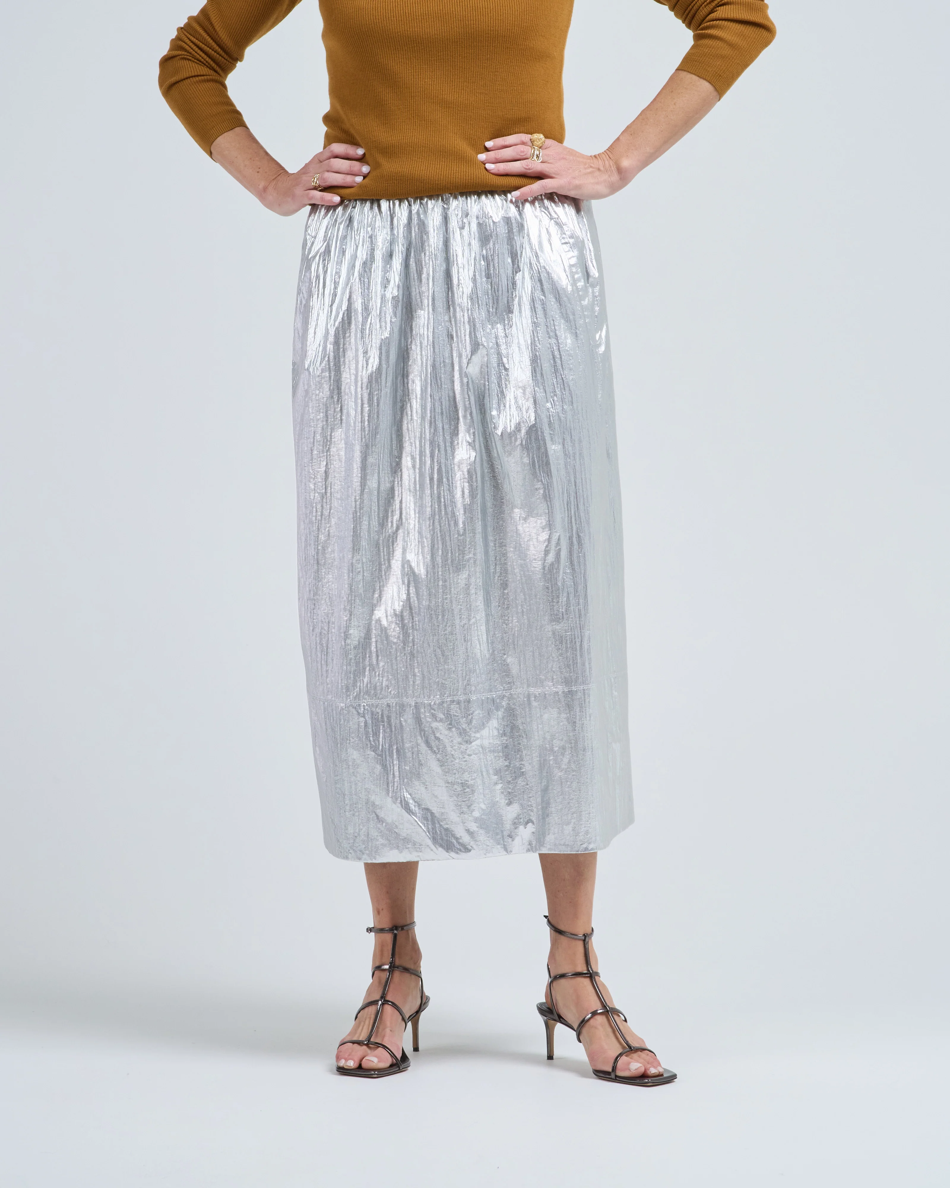 silver metallic nylon pull on full skirt - Image 3