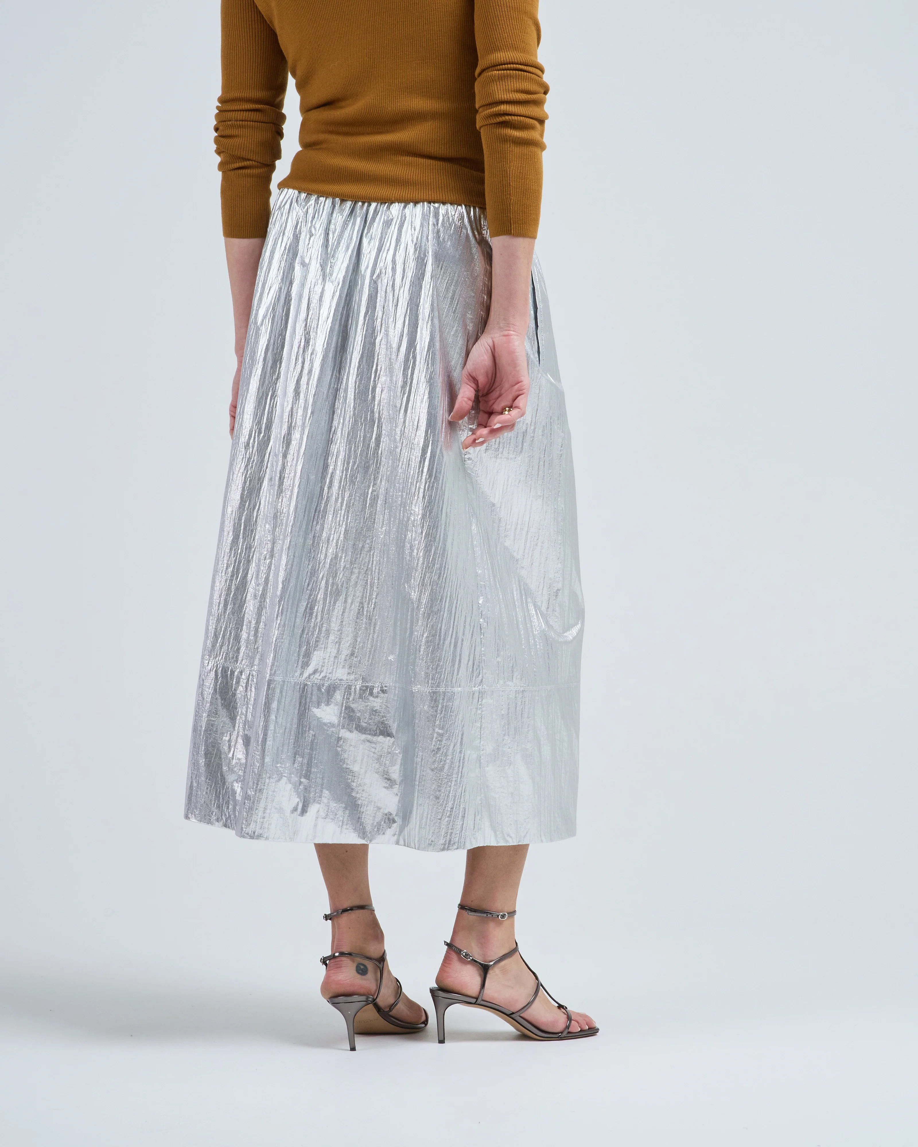 silver metallic nylon pull on full skirt - Image 4