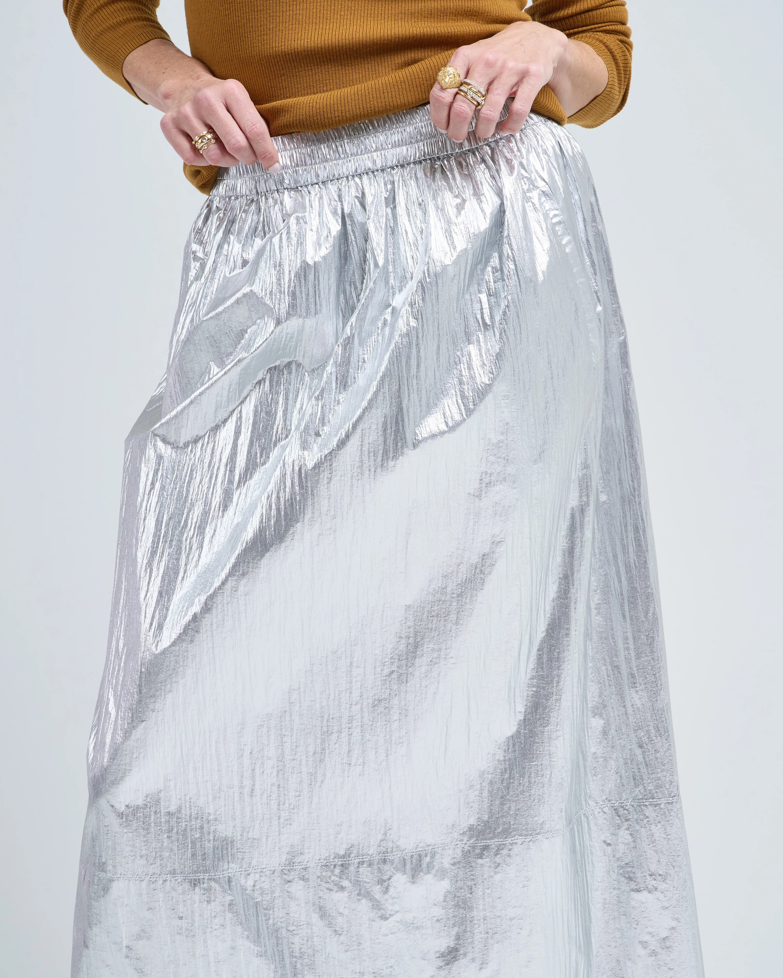 silver metallic nylon pull on full skirt - Image 5