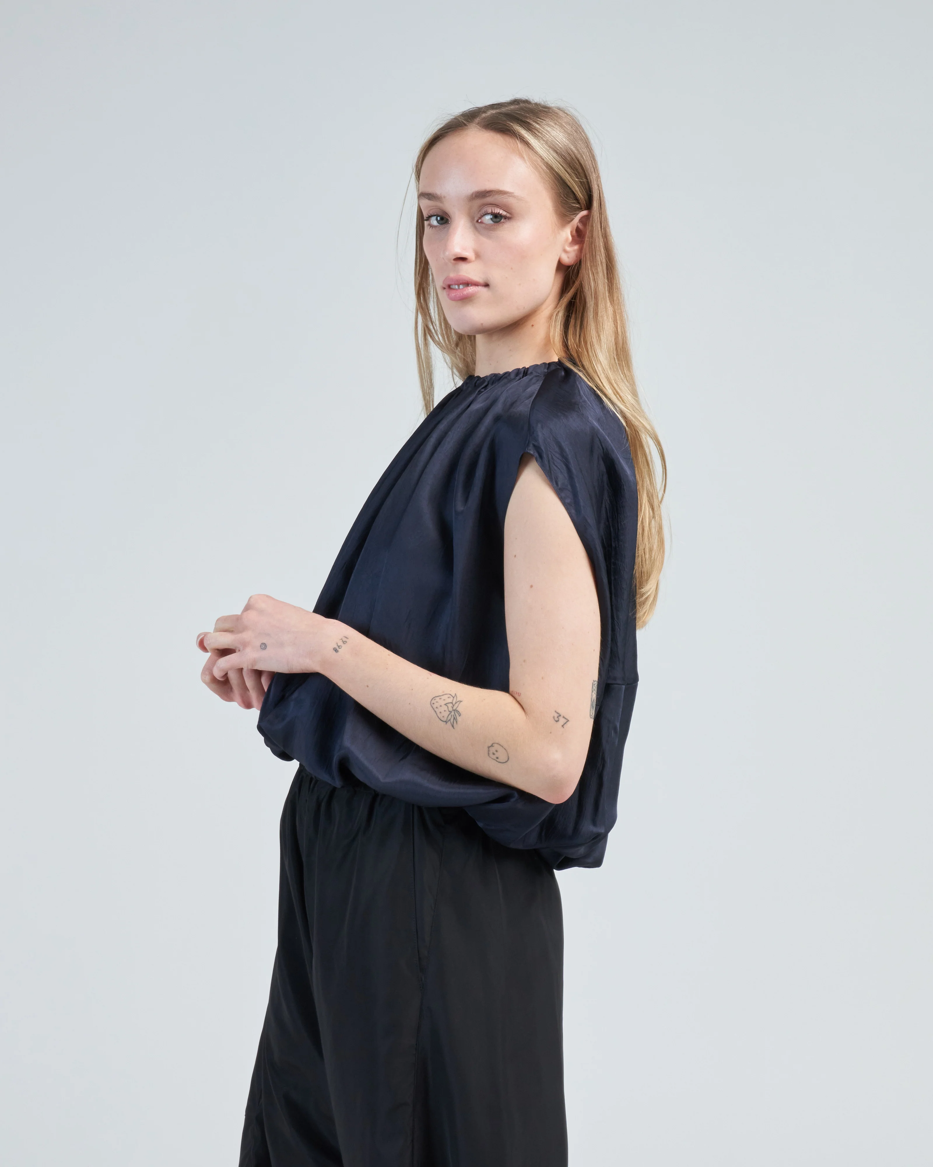 spring acetate shirred neck circular top - Image 3