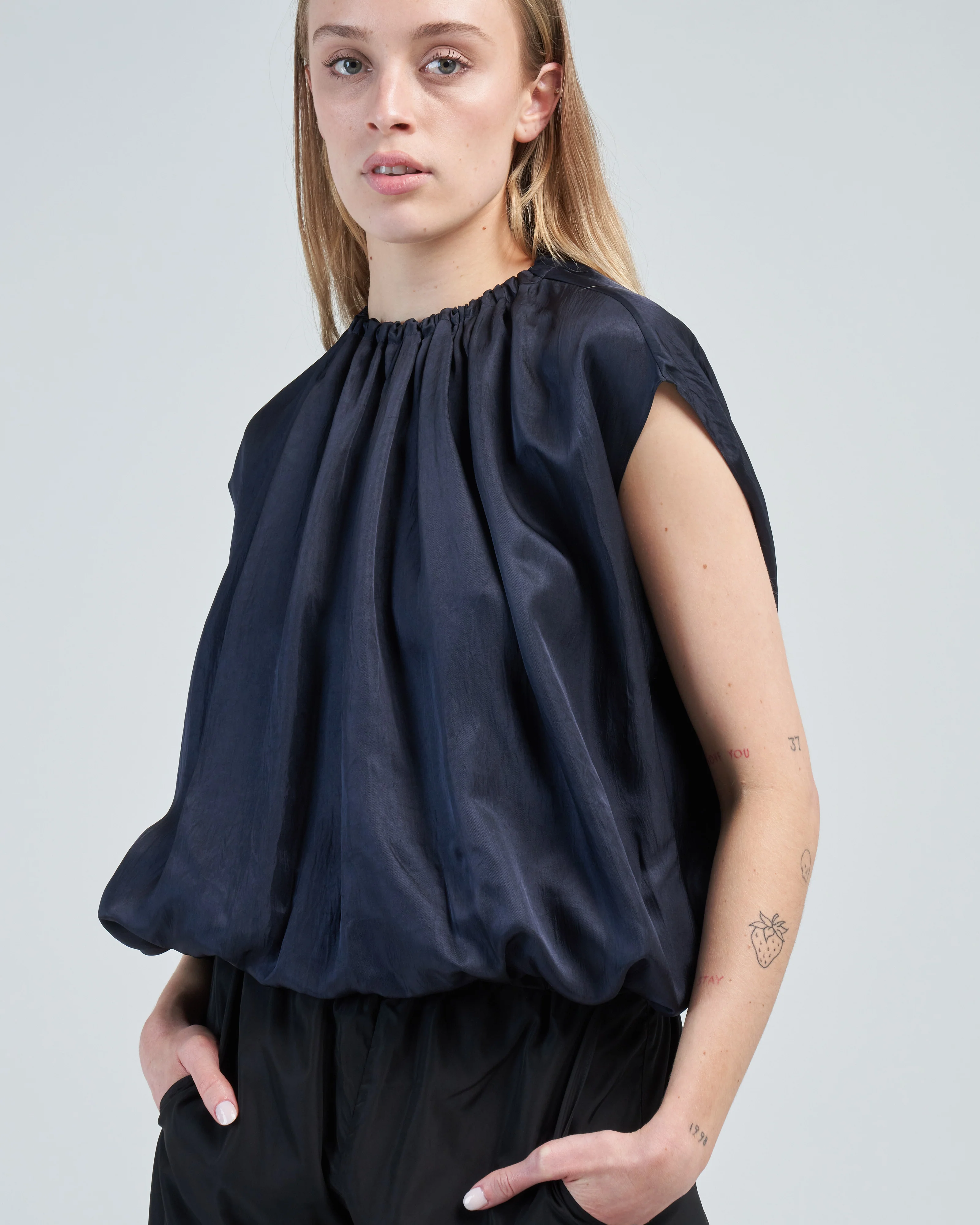 spring acetate shirred neck circular top - Image 5