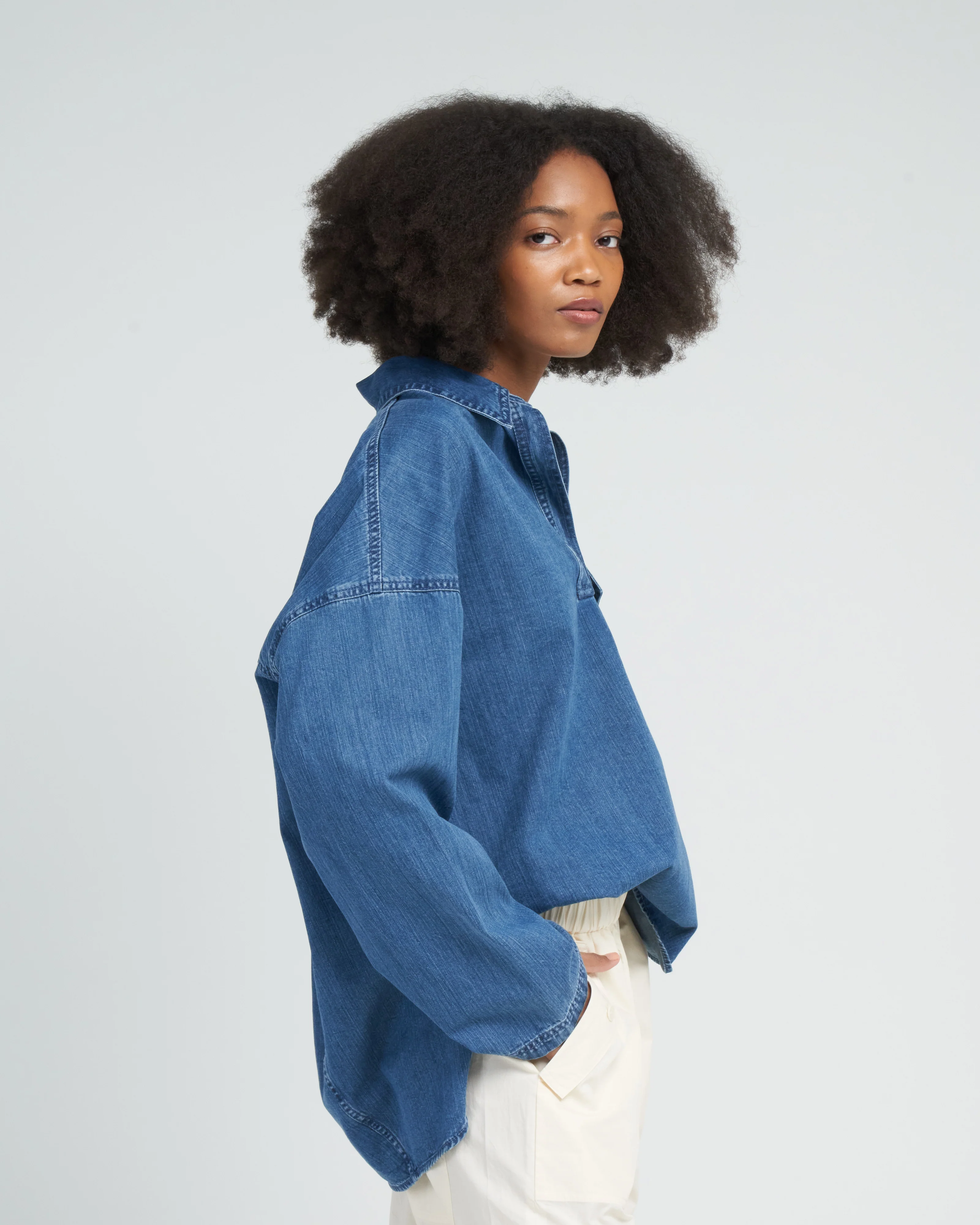 stone washed summer denim oversized cocoon shirt - medium stone wash - Image 3
