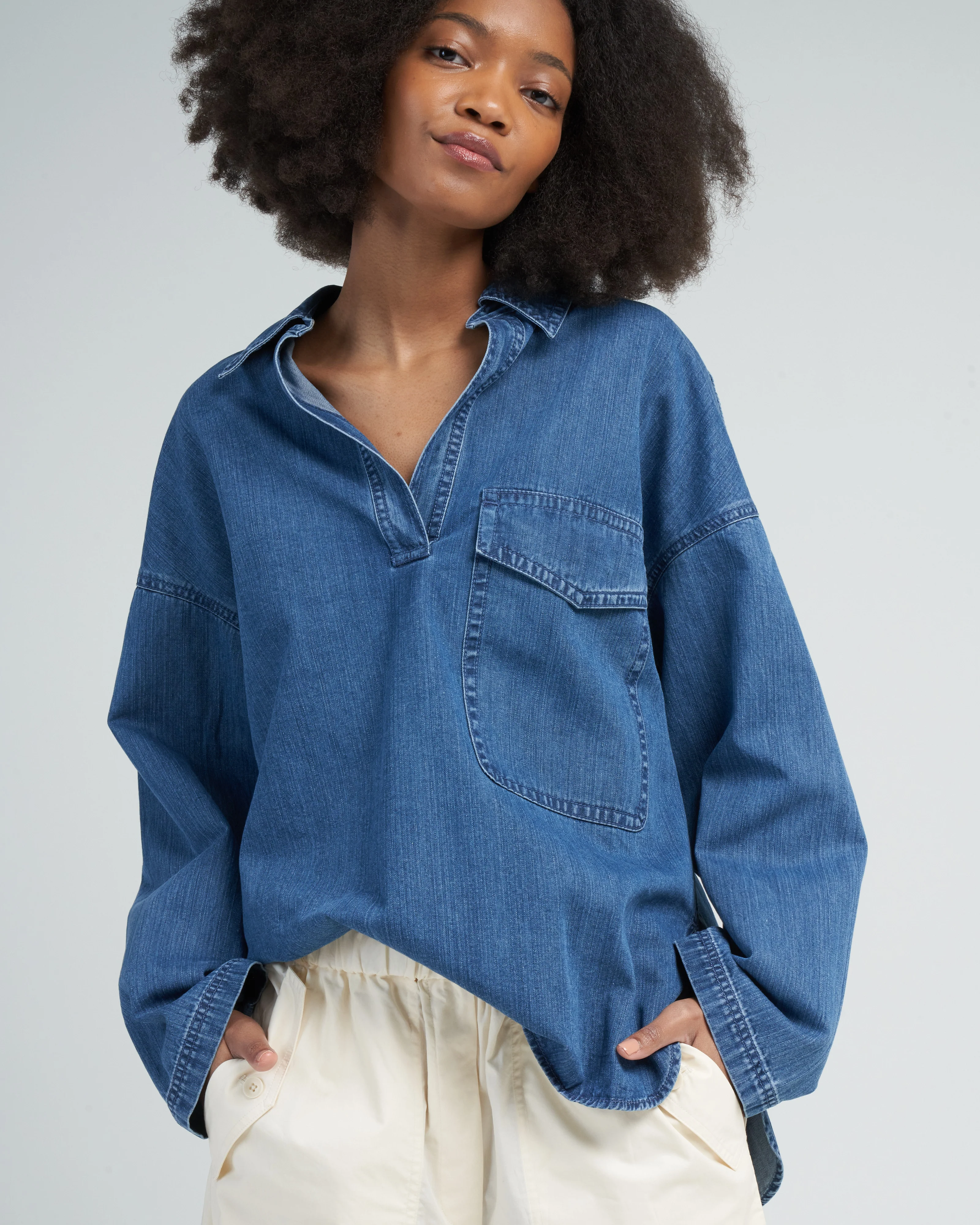stone washed summer denim oversized cocoon shirt - medium stone wash - Image 5