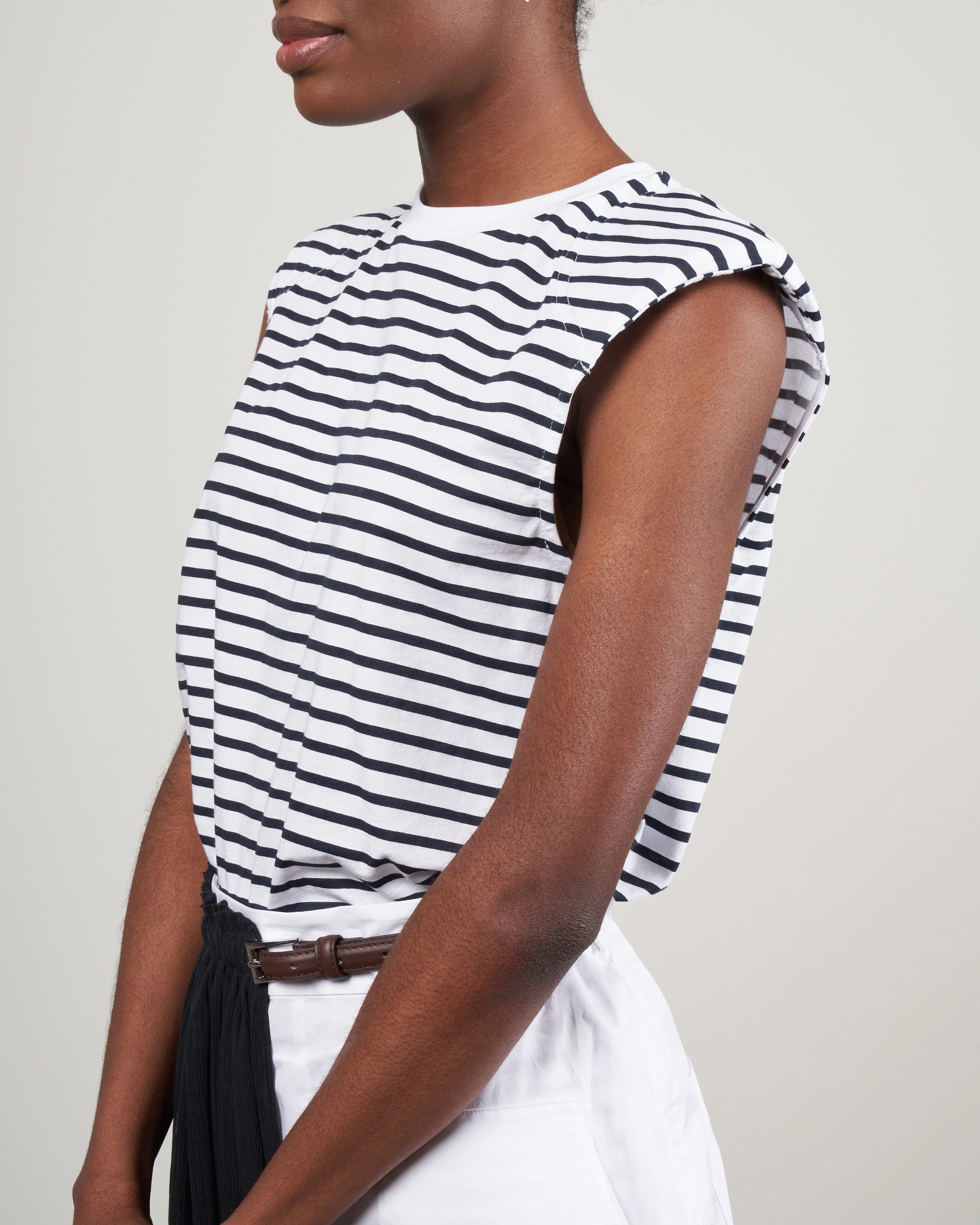 striped tshirt padded shoulder sleeveless top - navy/white multi - Image 3