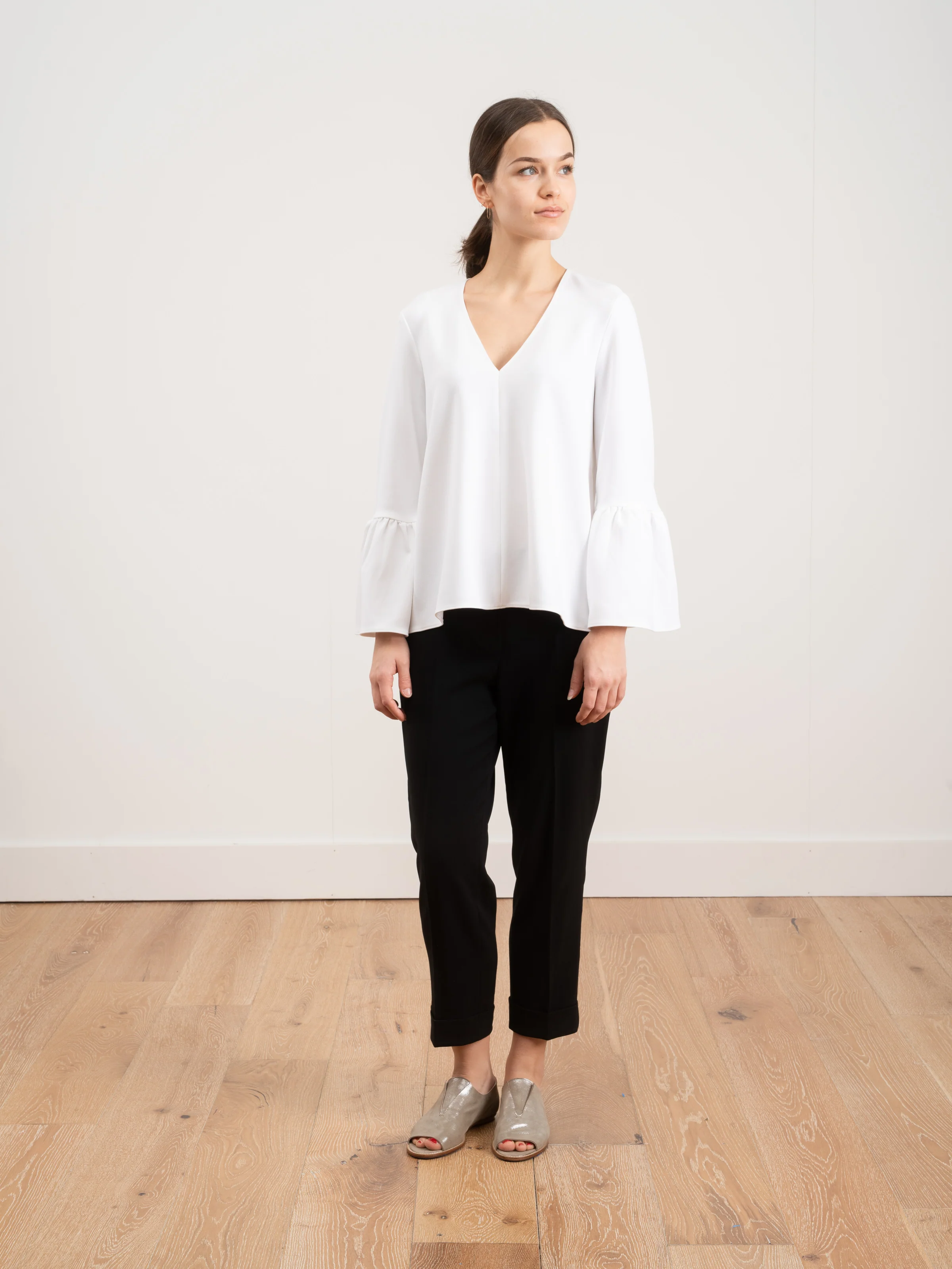 structured crepe v-neck ruffle top - Image 2