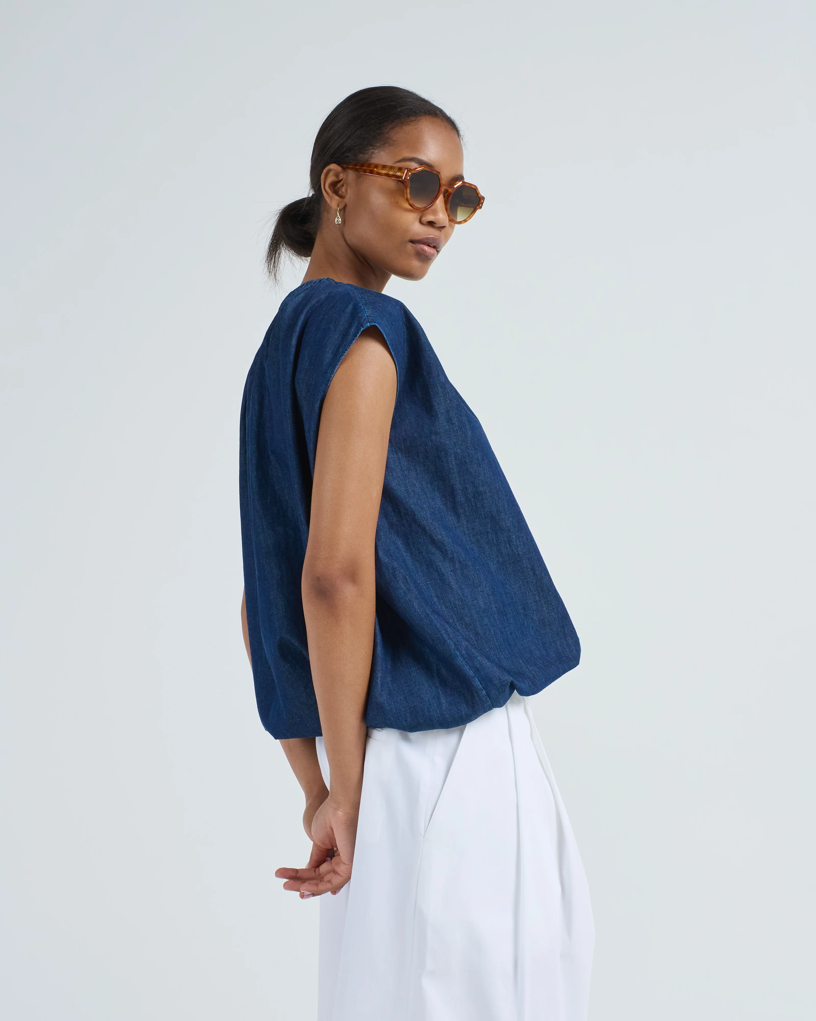 summer denim indigo shirred neck circular top - Image 2