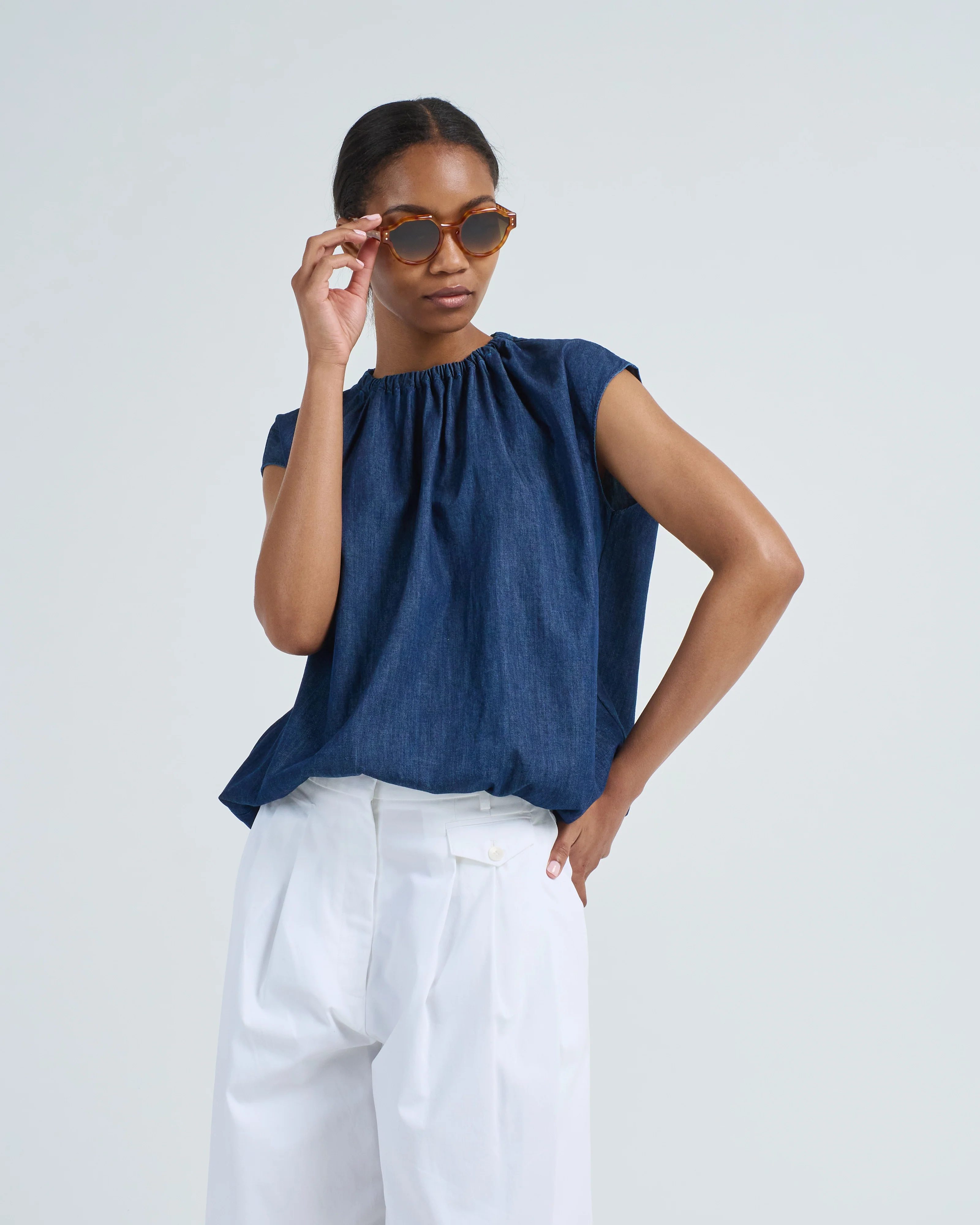 summer denim indigo shirred neck circular top - Image 3