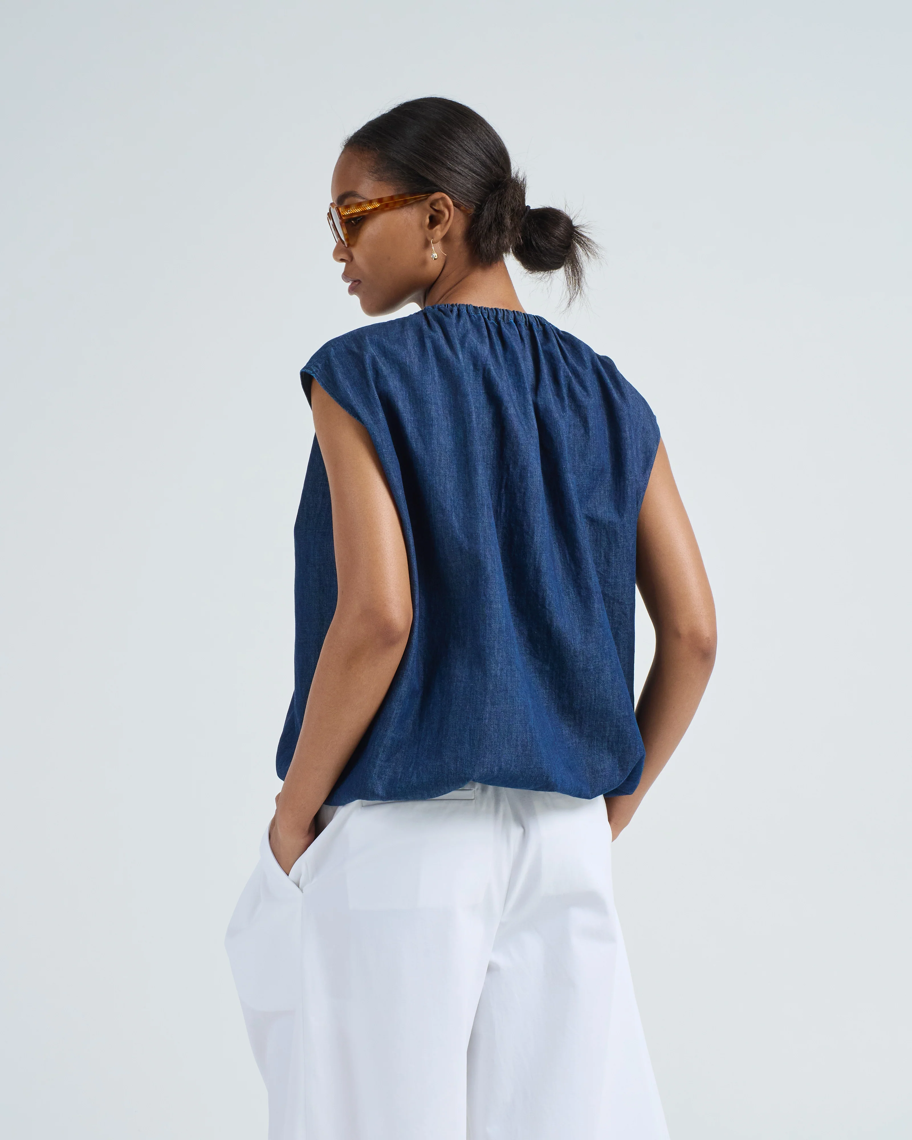 summer denim indigo shirred neck circular top - Image 4