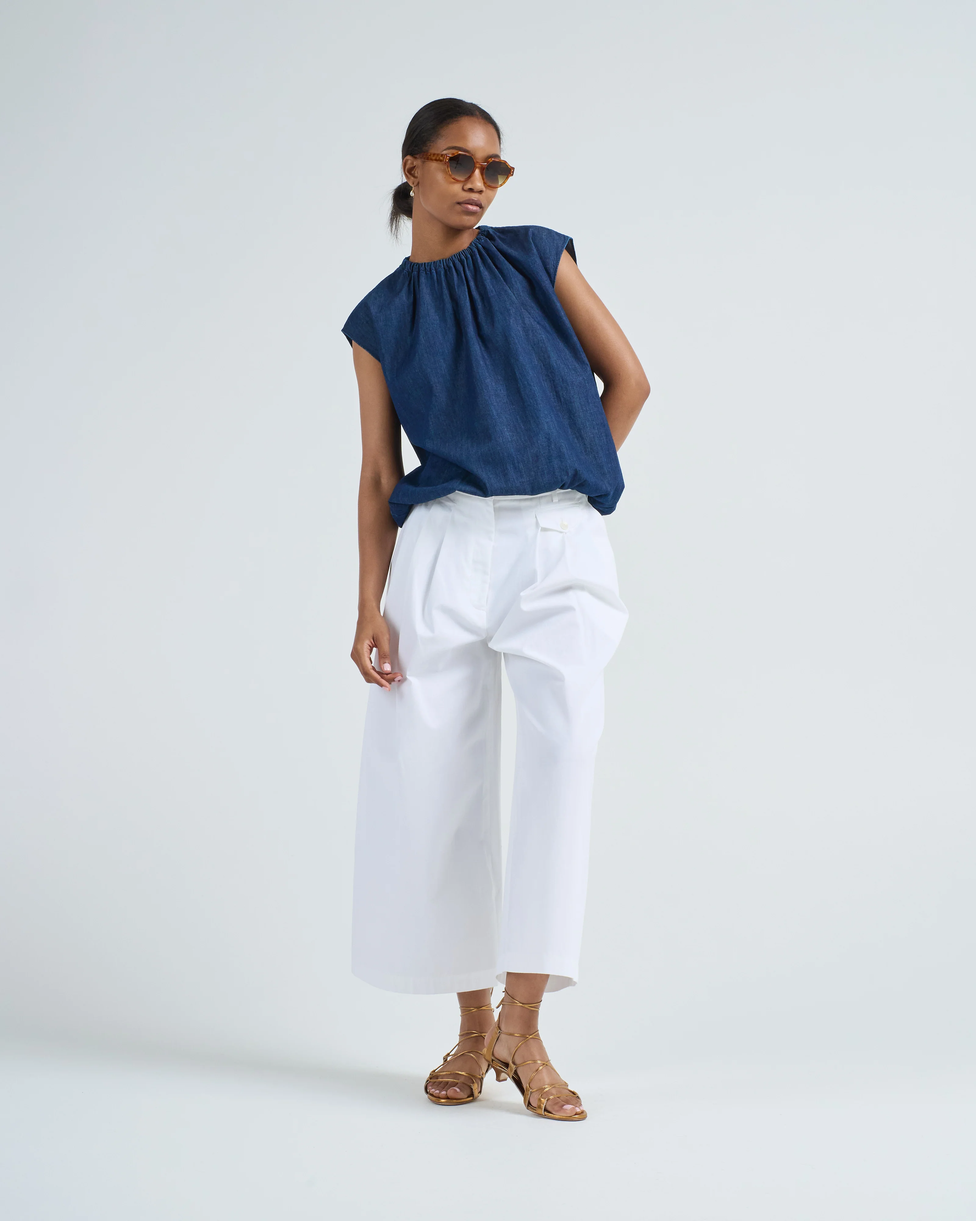summer denim indigo shirred neck circular top - Image 5