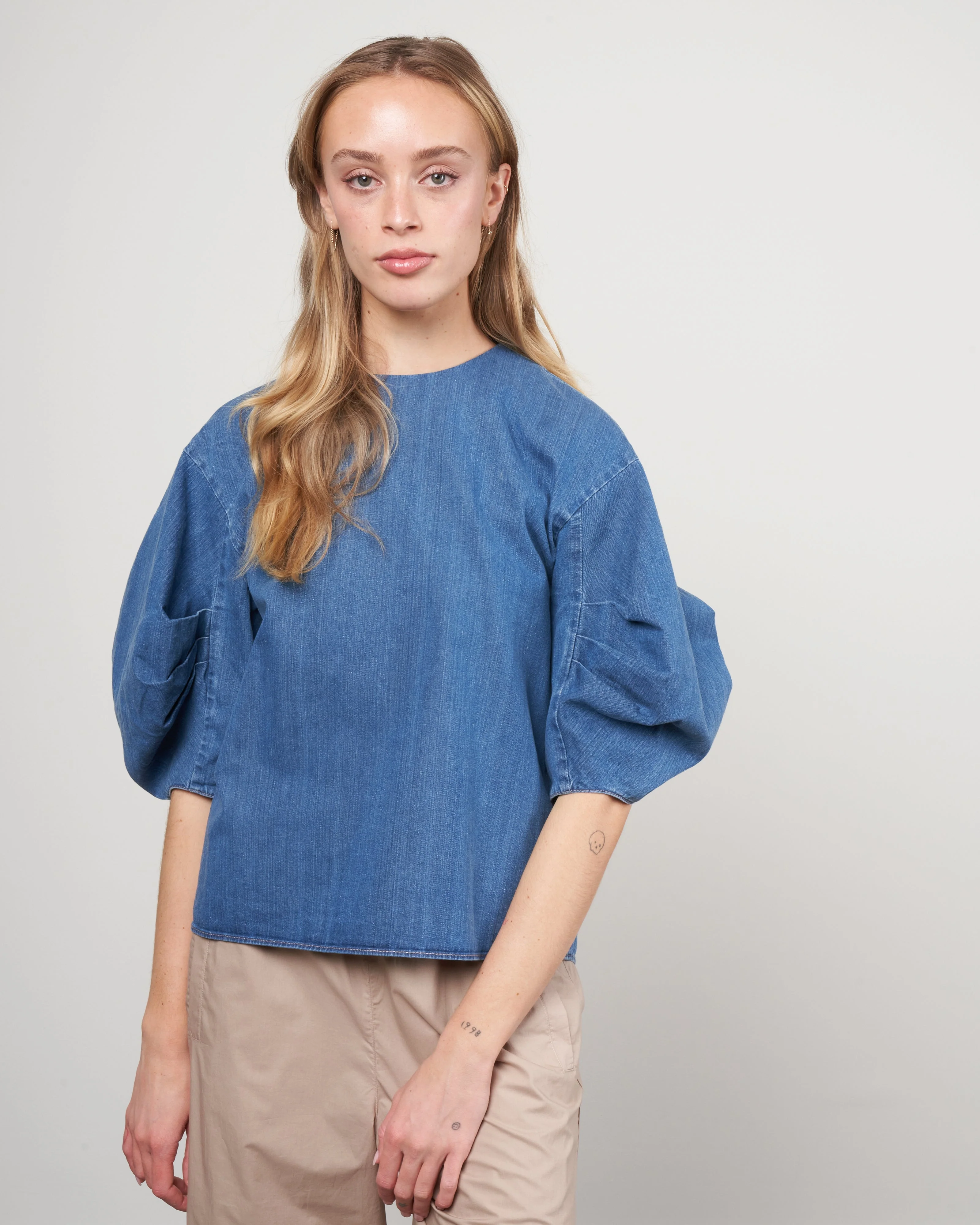summer denim pleat sleeve top - light denim - Image 2