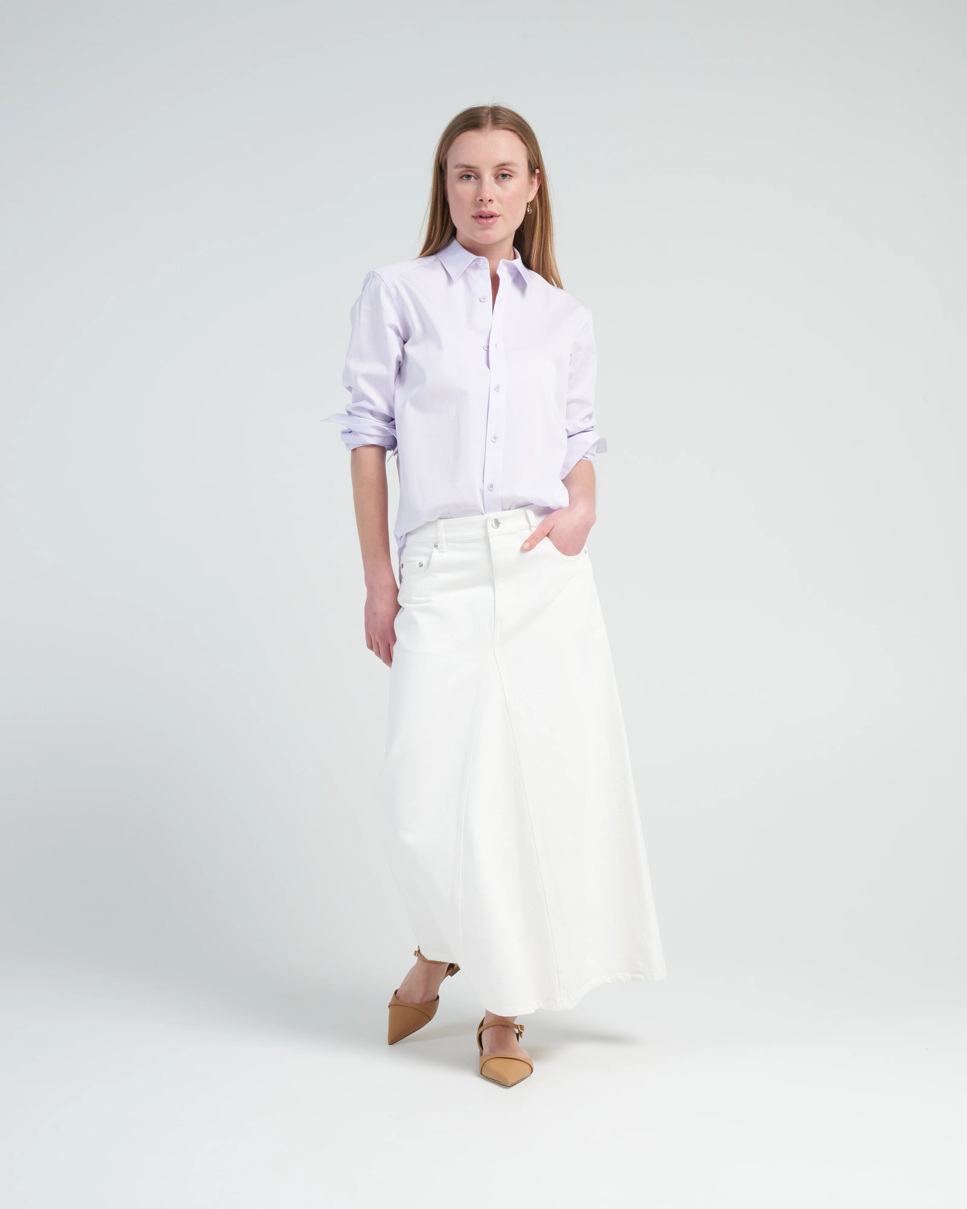 white denim godet midi skirt - white - Image 2