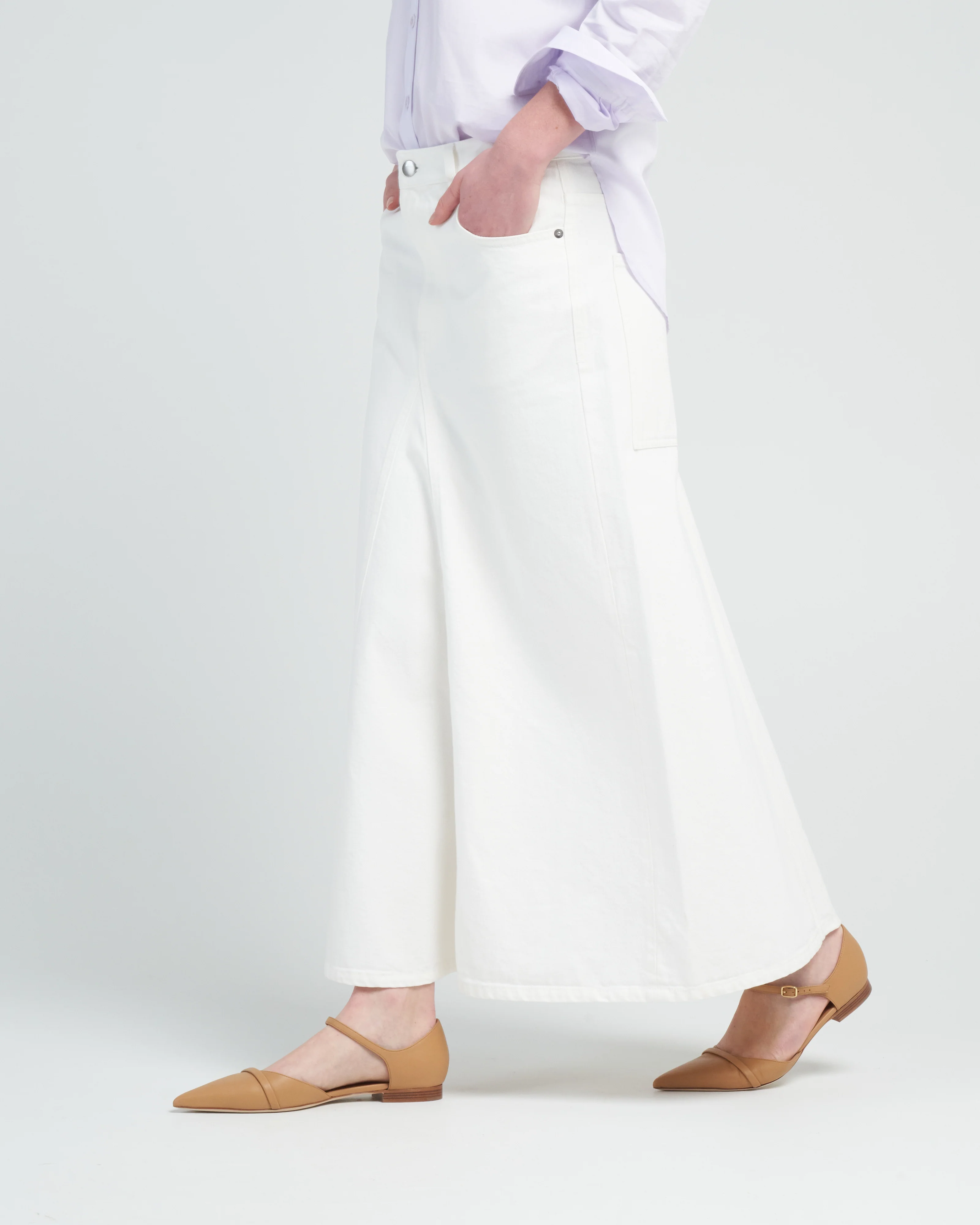 white denim godet midi skirt - white - Image 3