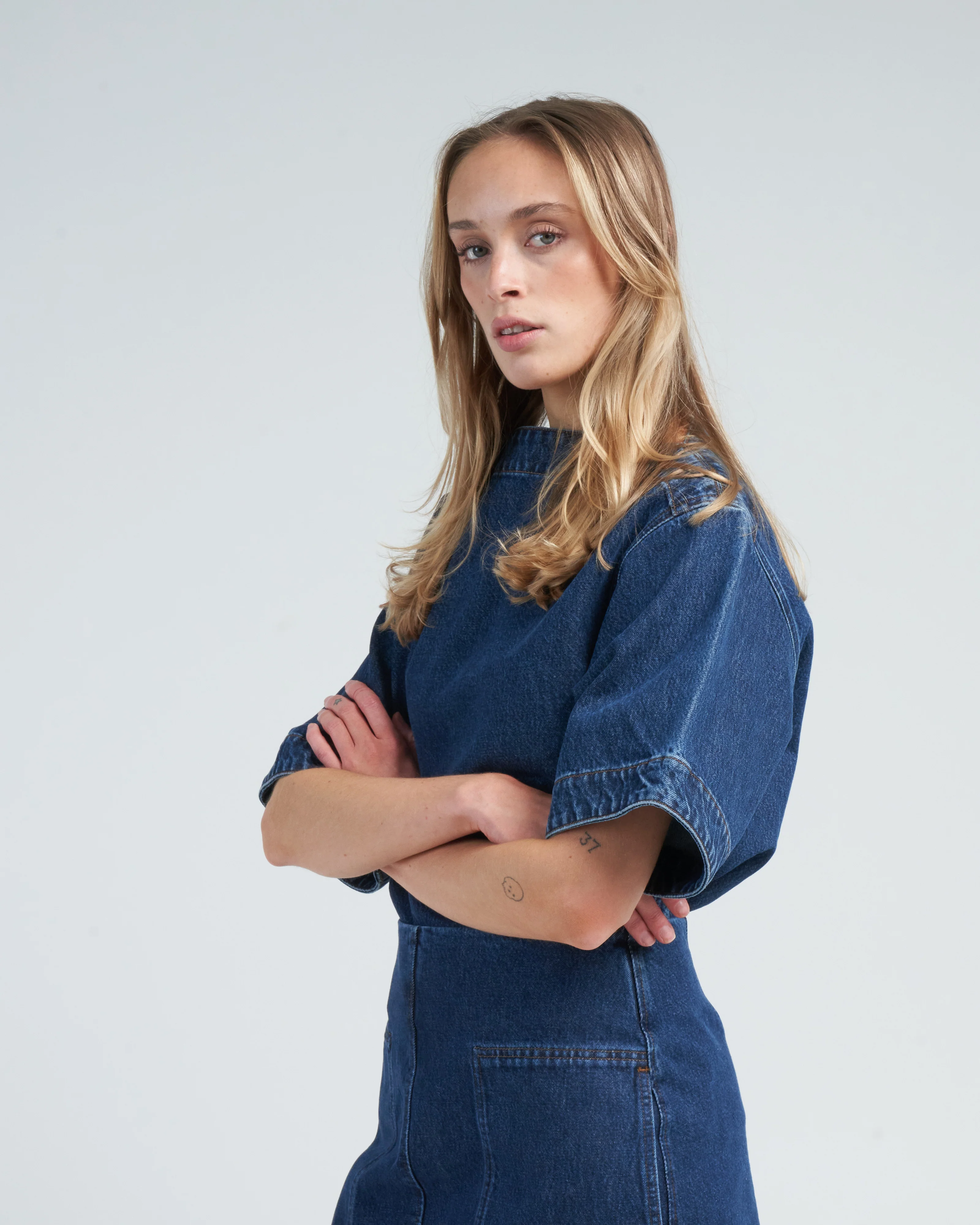dart neck denim top - dark blue - Image 3