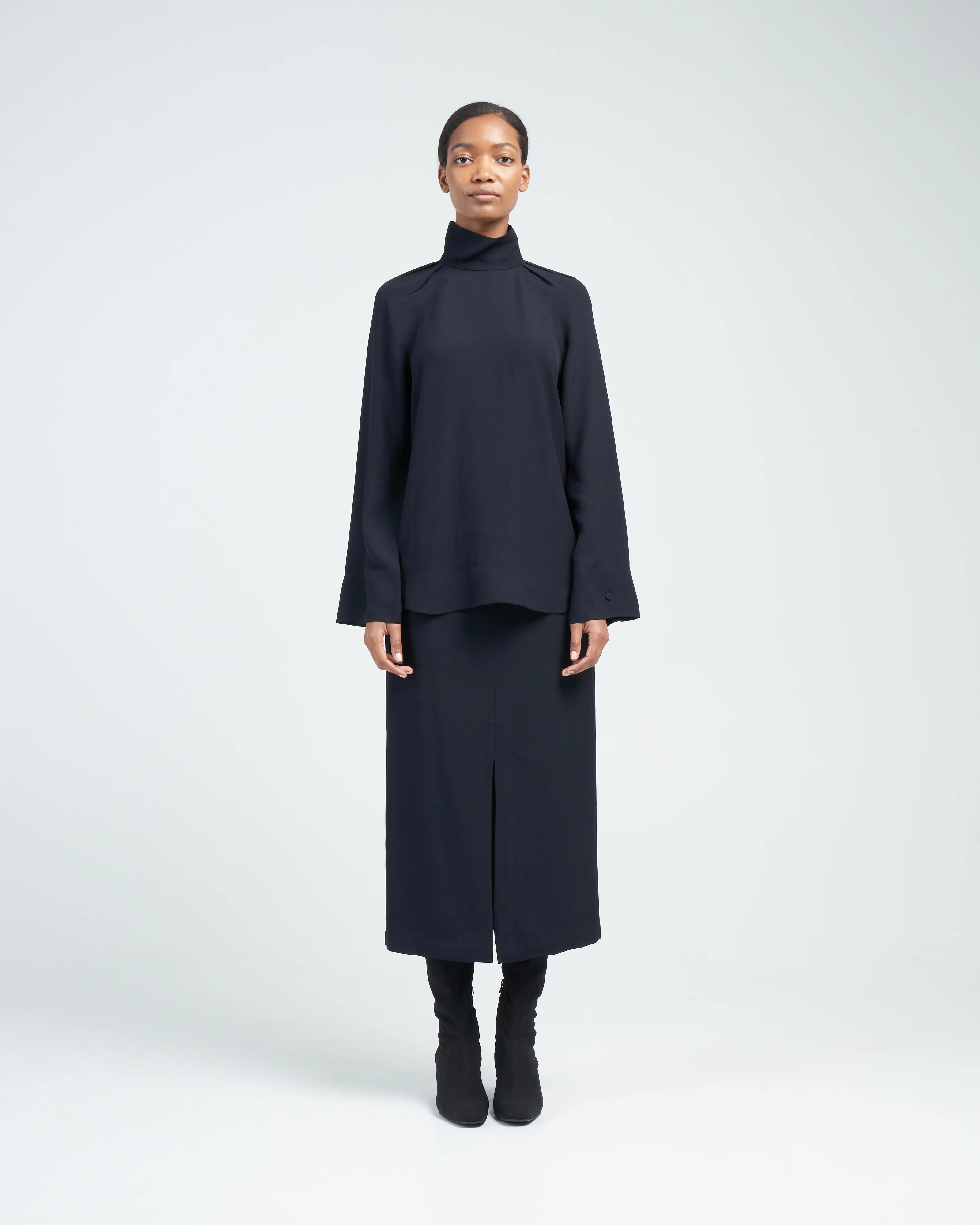 front-split satin midi skirt - navy - Image 2