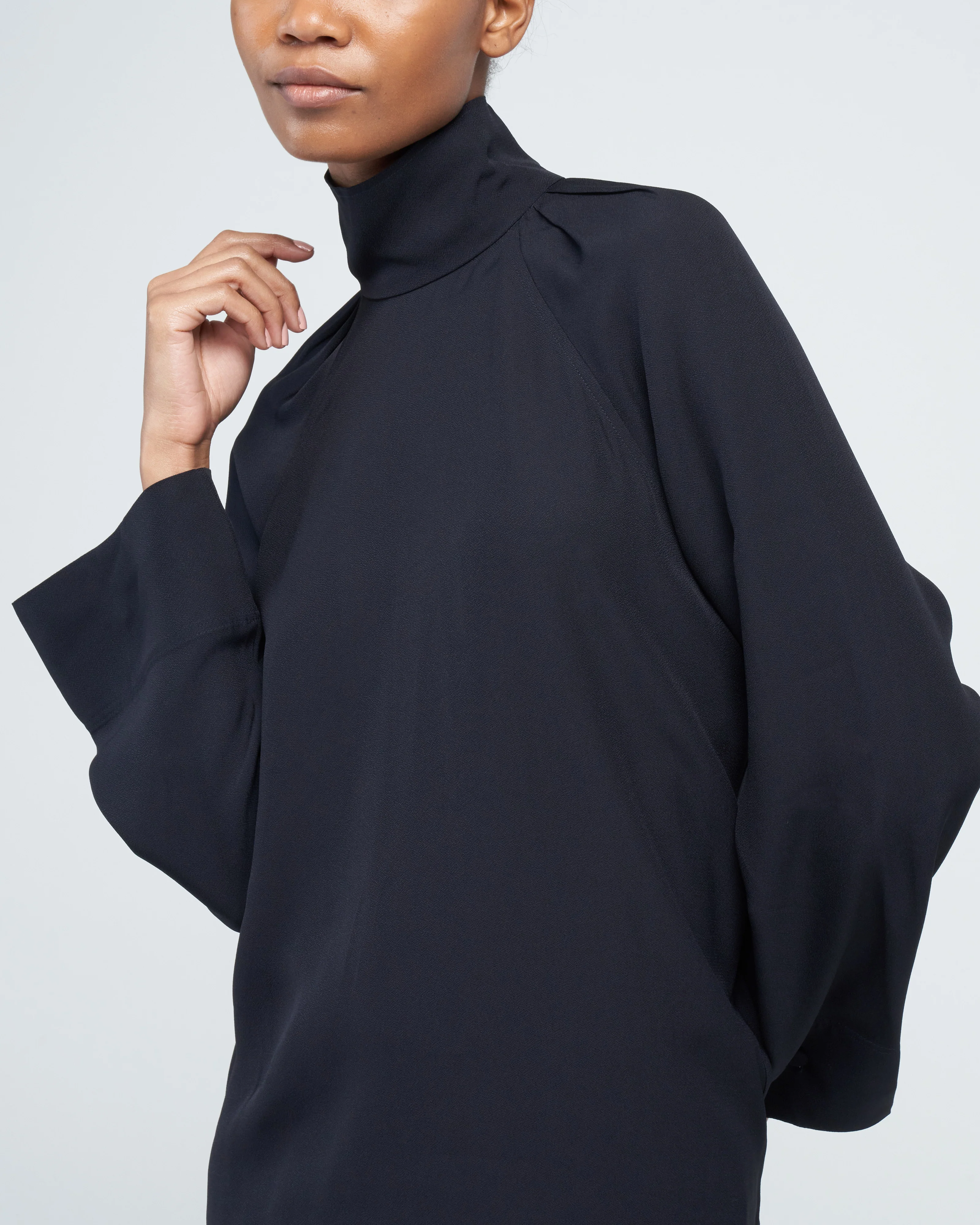 high-neck crepe blouse - navy - Image 2