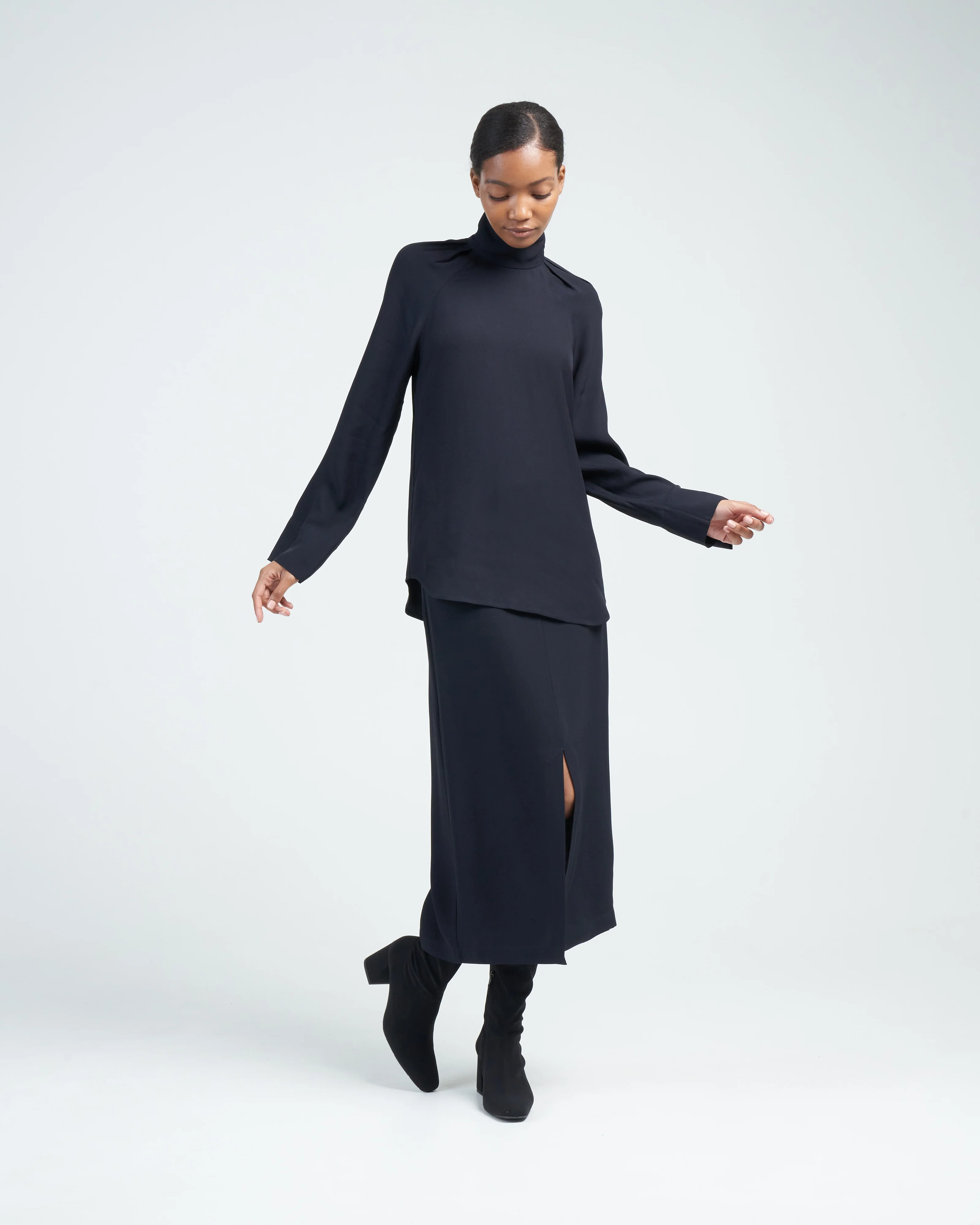 high-neck crepe blouse - navy - Image 3