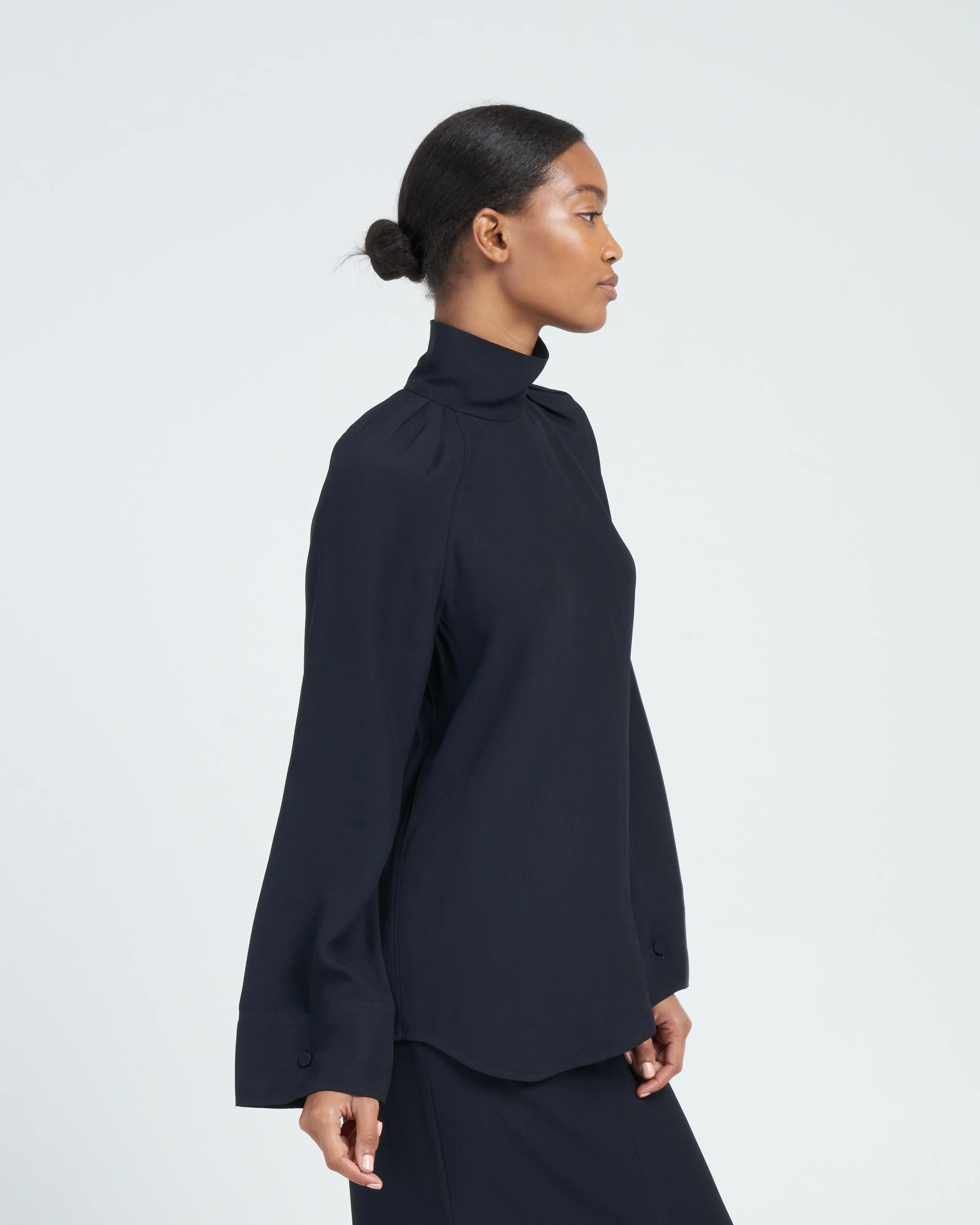 high-neck crepe blouse - navy - Image 4