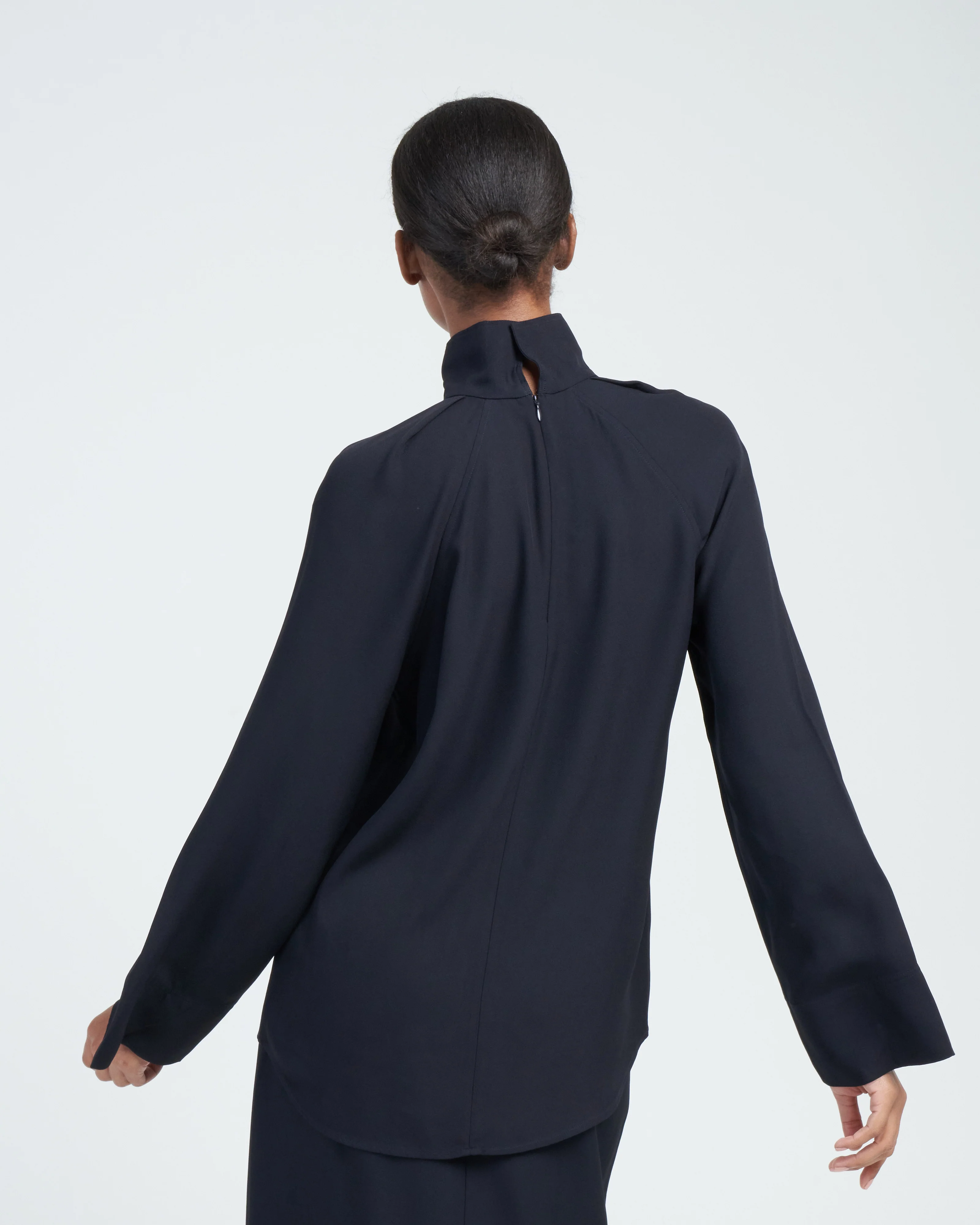 high-neck crepe blouse - navy - Image 5