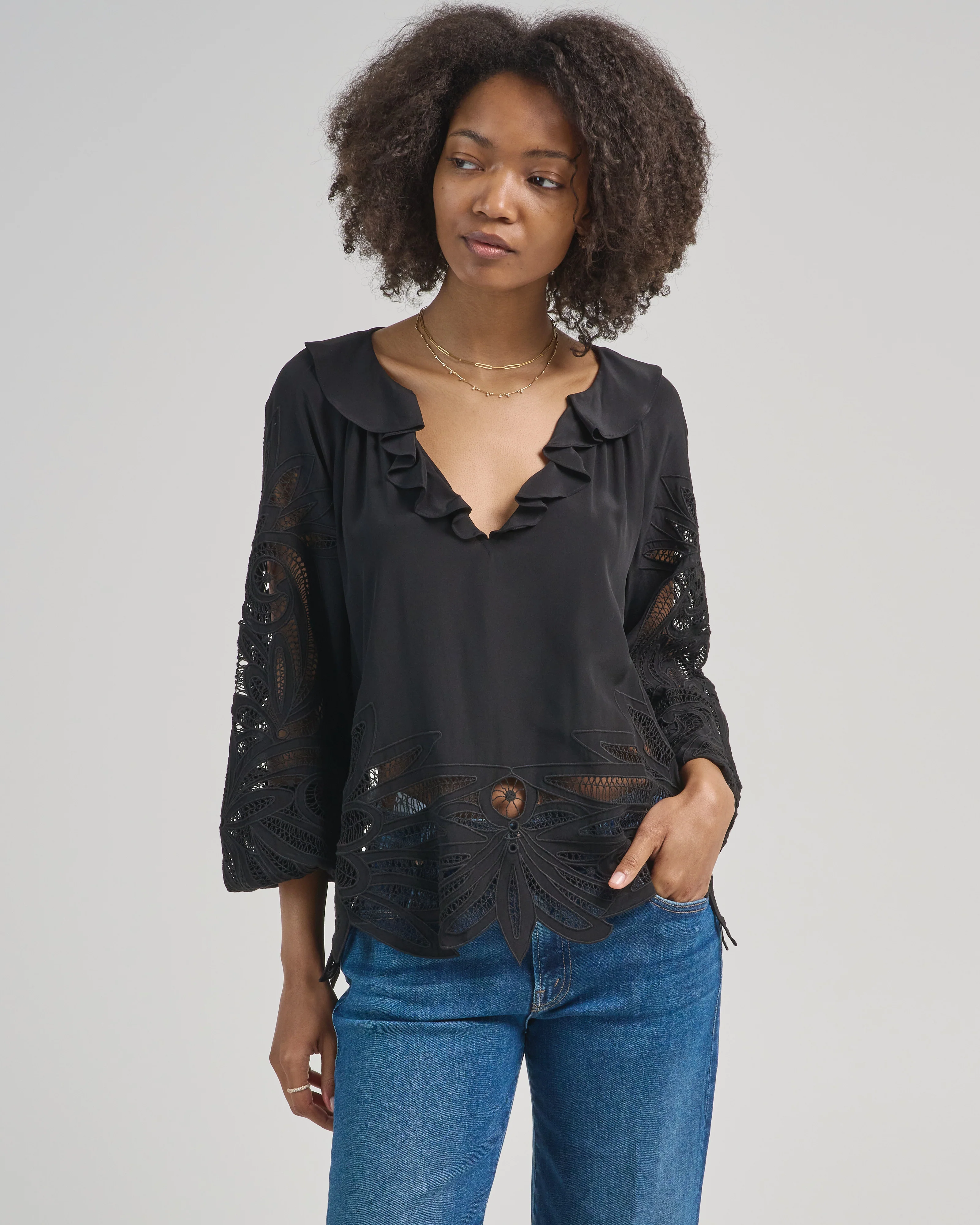 adonis long sleeve silk applique blouse