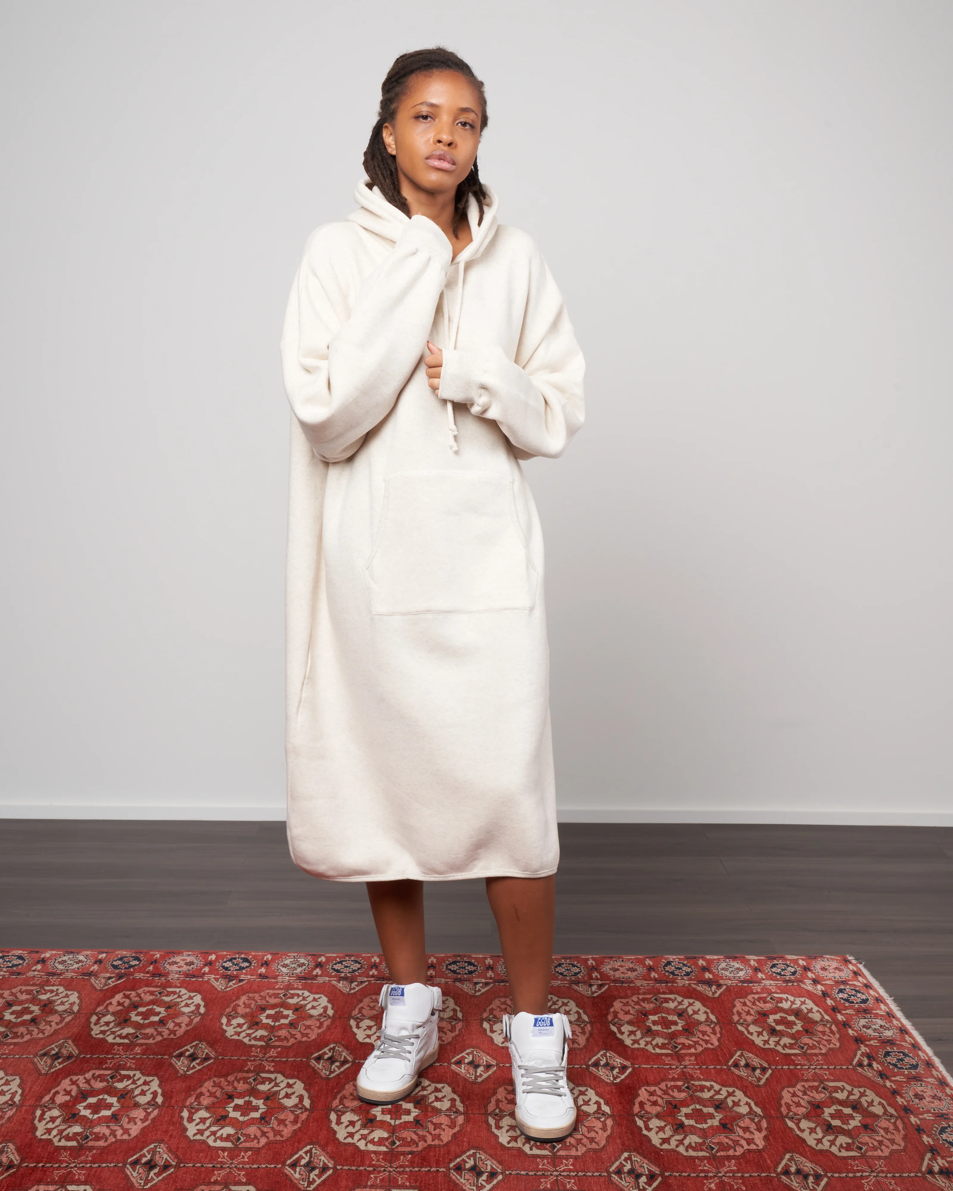 cotton tencel brushed fleece, hooded dress - oat - Image 2