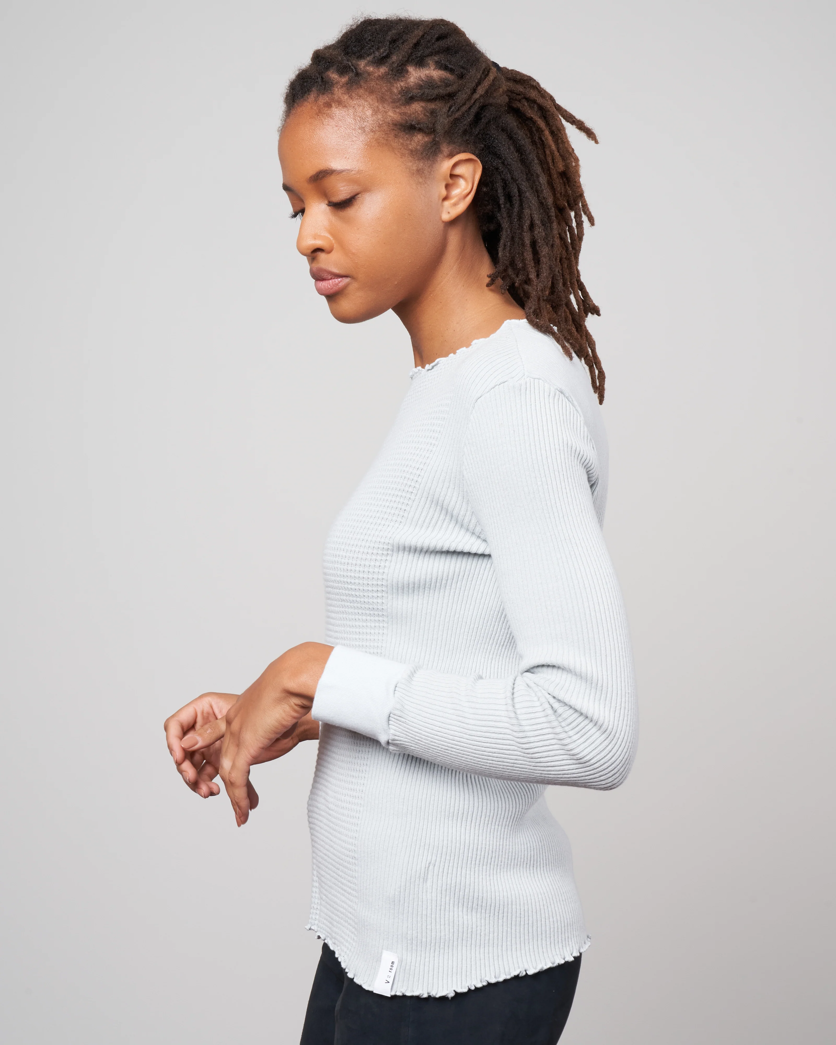 waffle rib combo tube, long sleeve crew top - grey - Image 2
