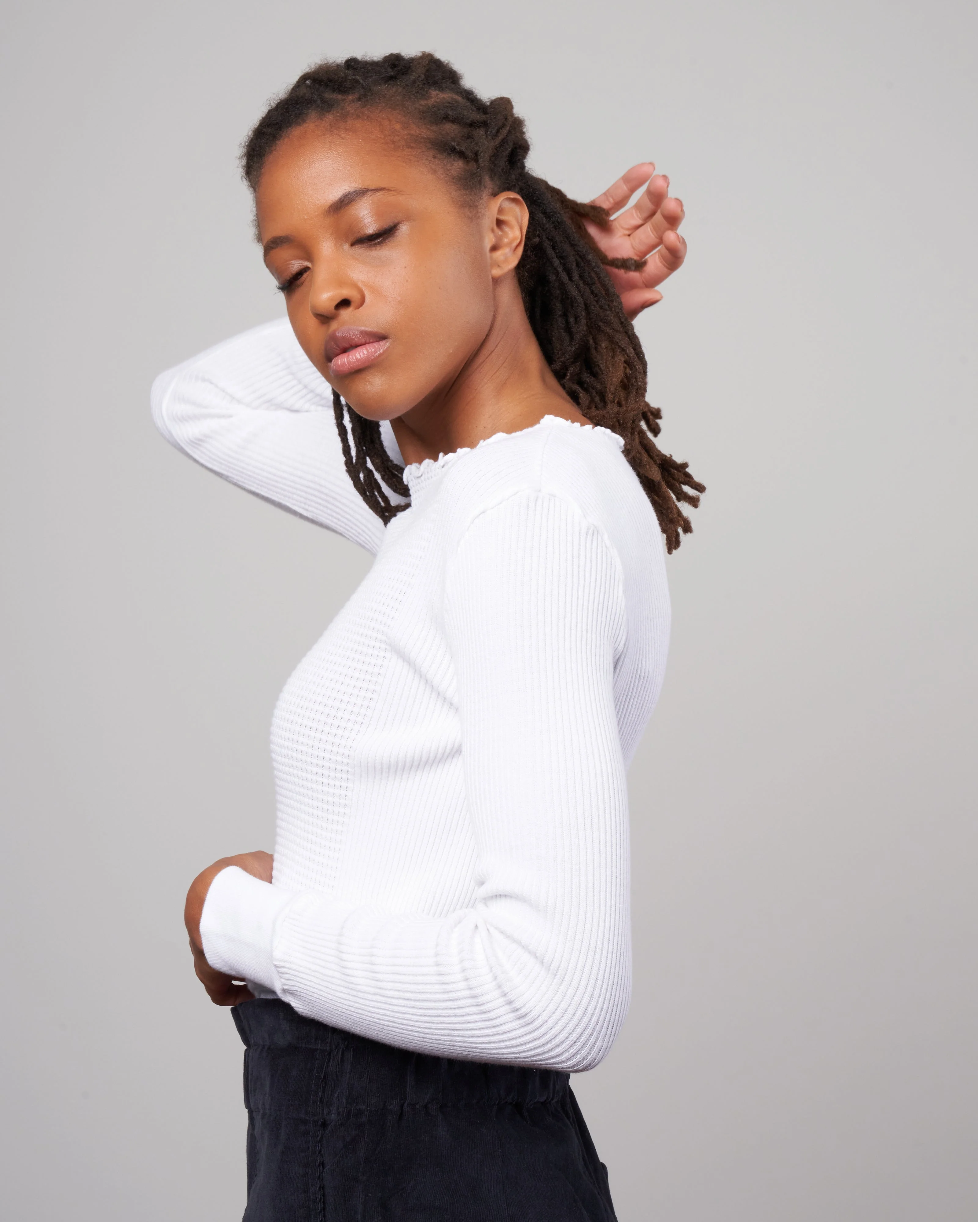 waffle rib combo tube, long sleeve crew top - white - Image 3