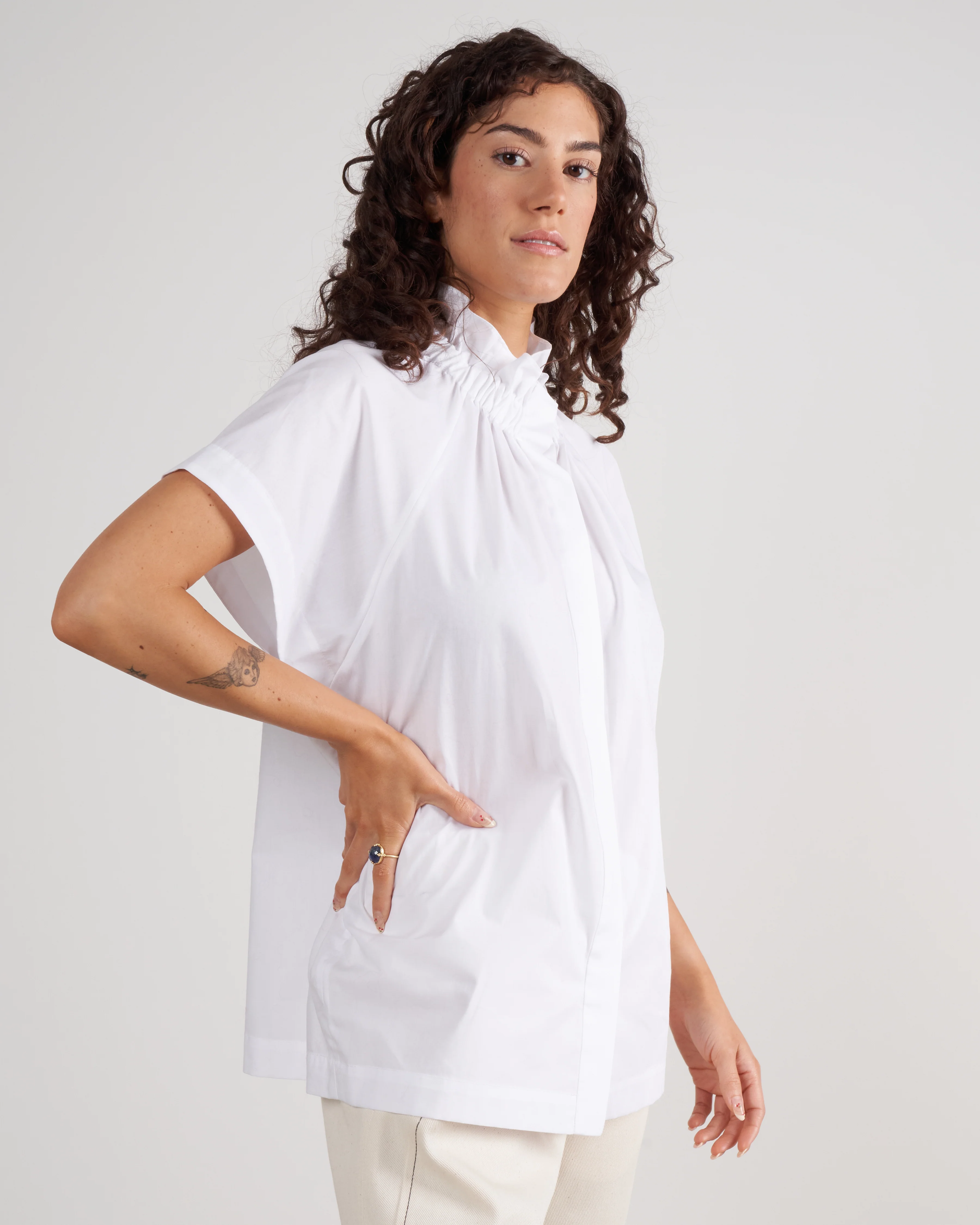 elastic gaban shirt - white cotton poplin - Image 3