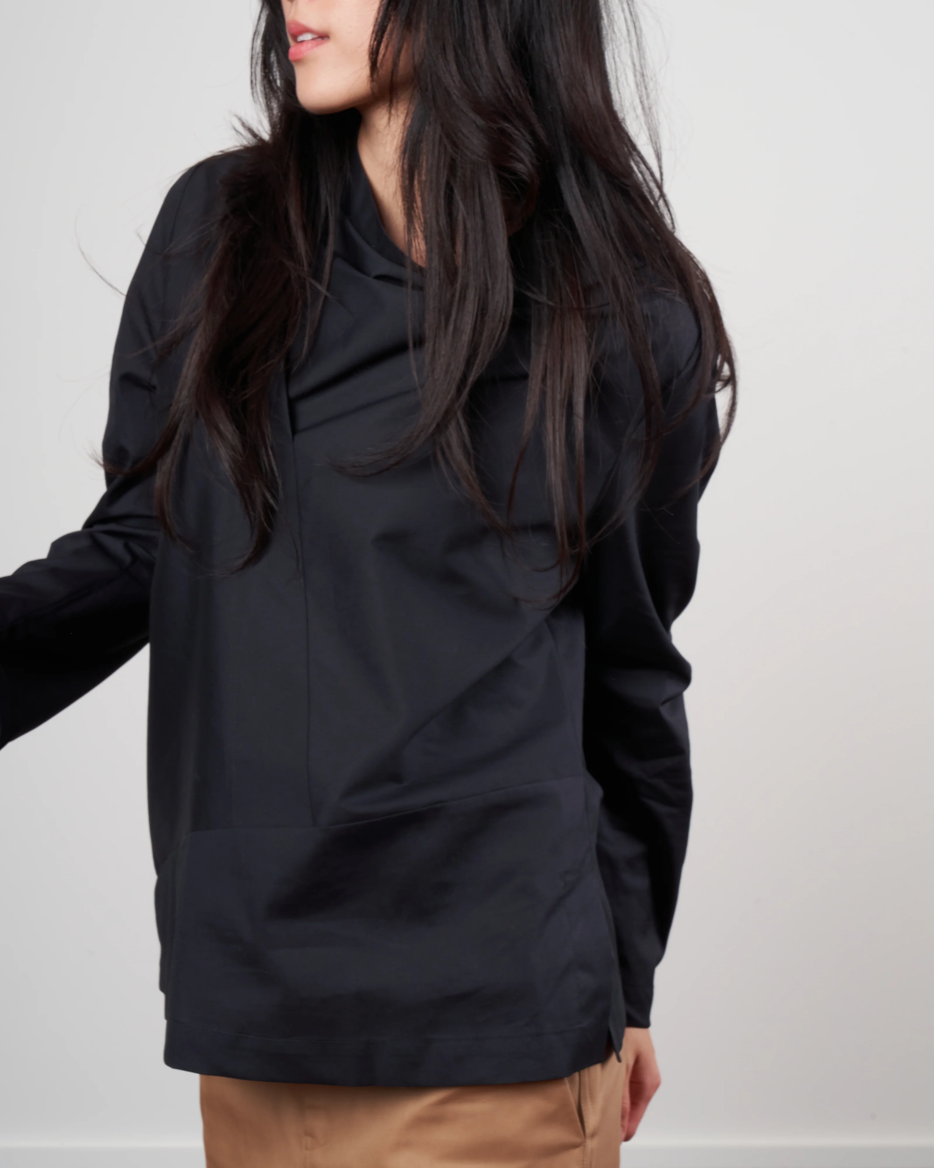 long sleeve fold shirt - black cotton poplin - Image 3