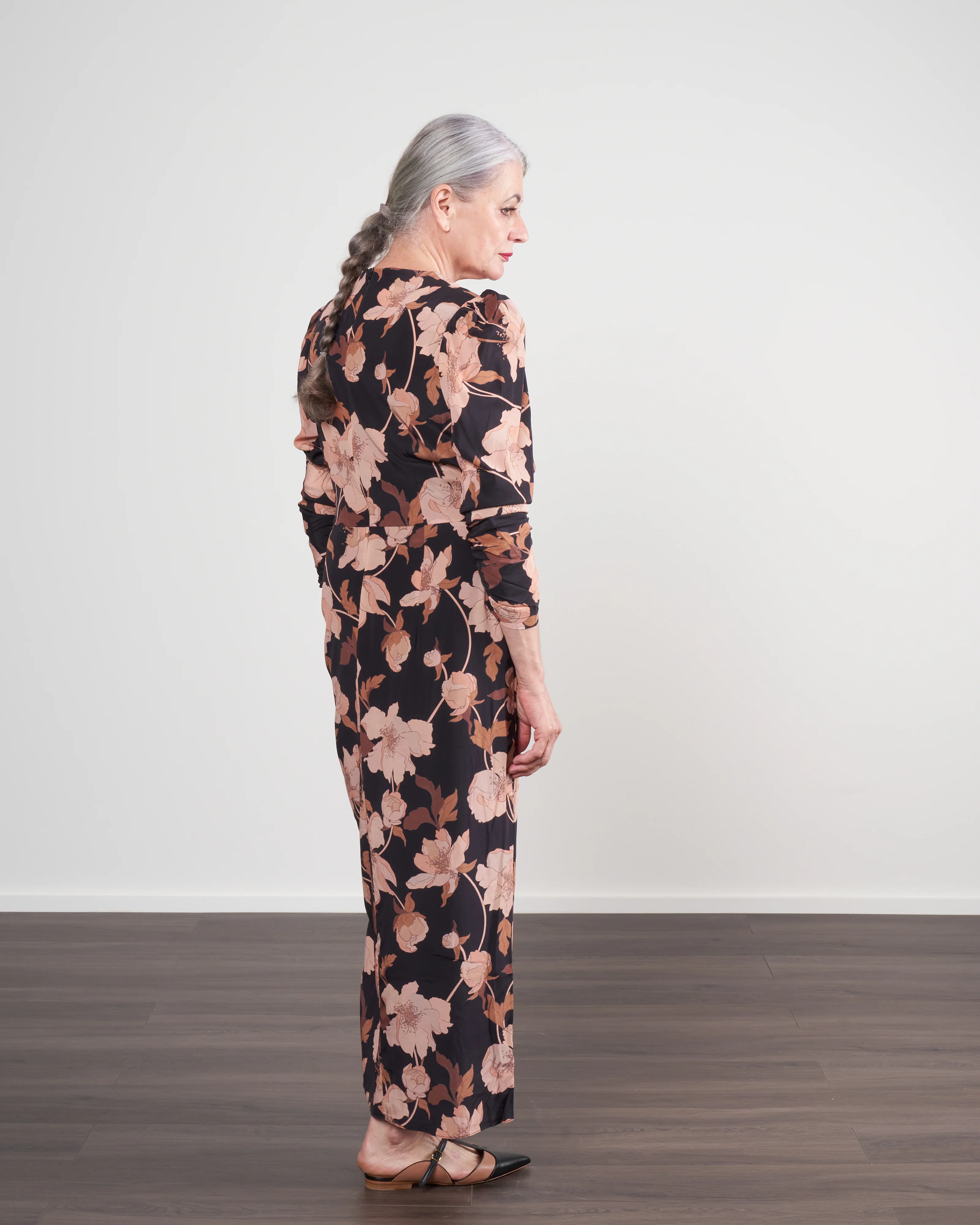 concert drape tuck midi dress - black peonies - Image 2