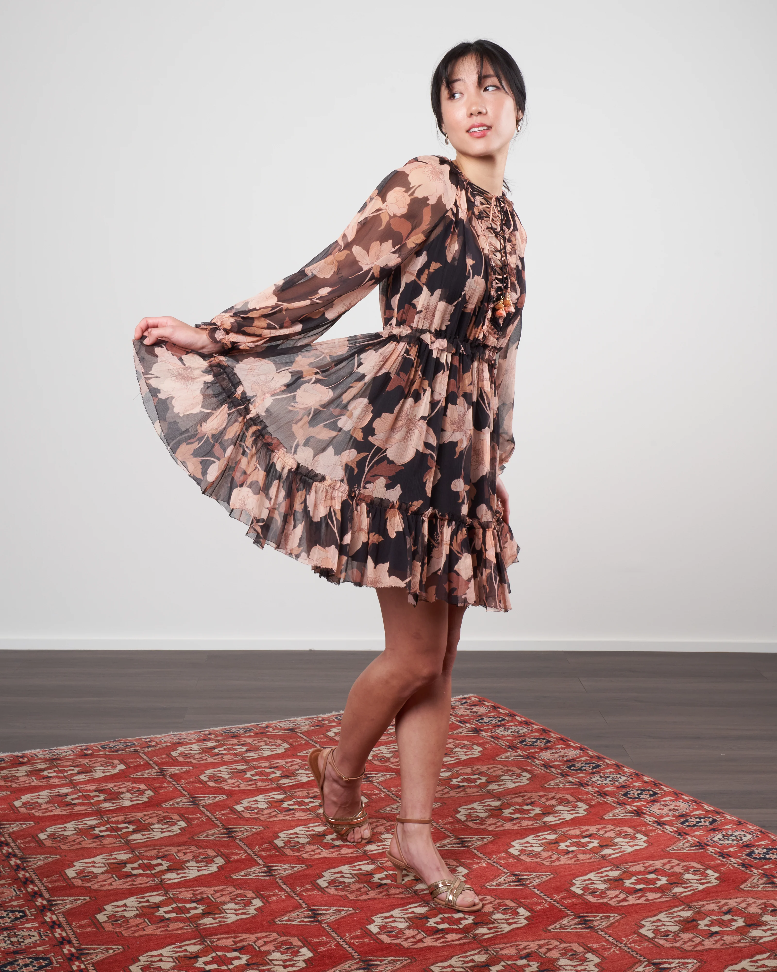 concert lace-up mini dress - black peonies - Image 3