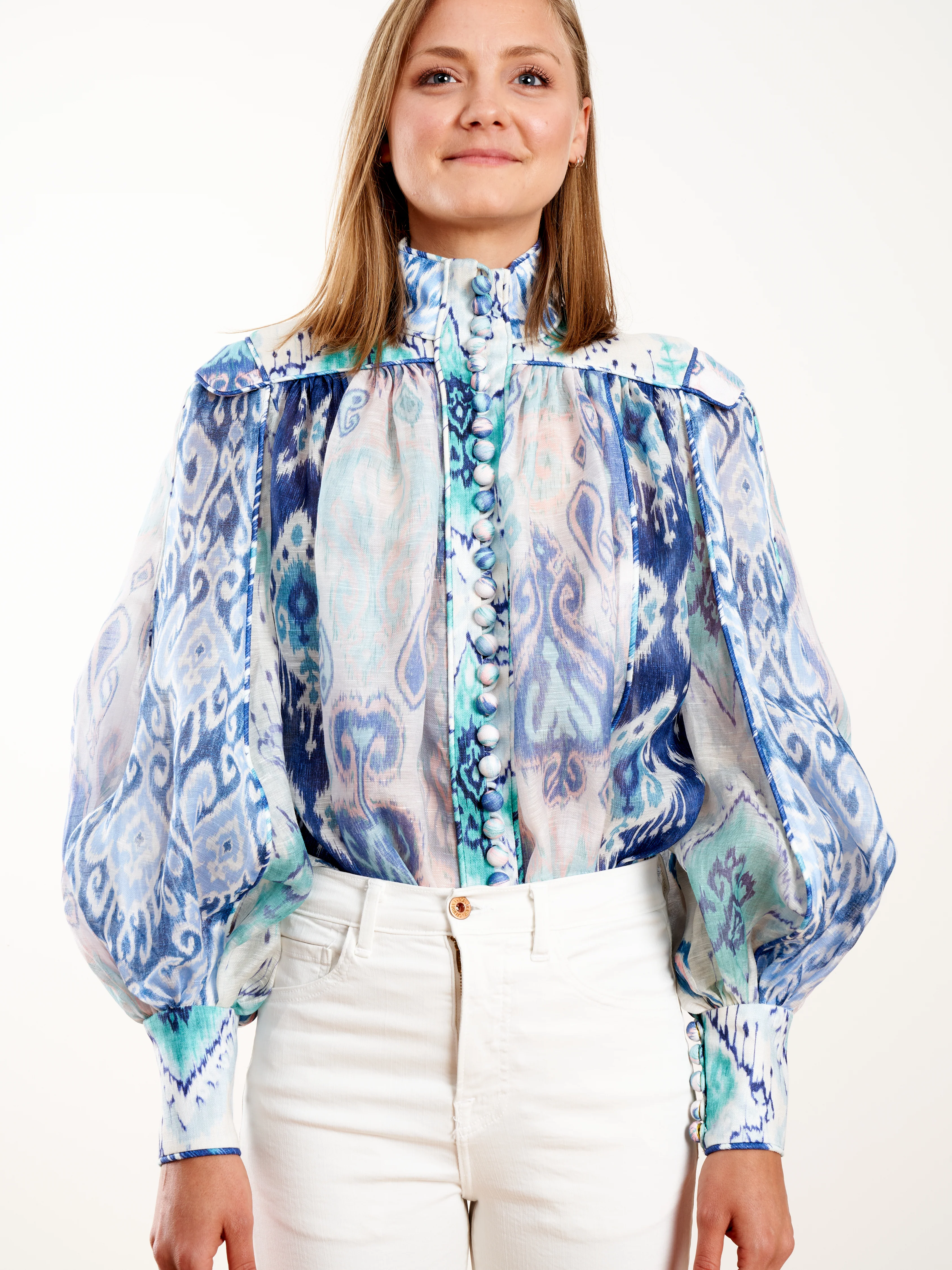glassy long sleeve blouse - spliced blue ikat - Image 3