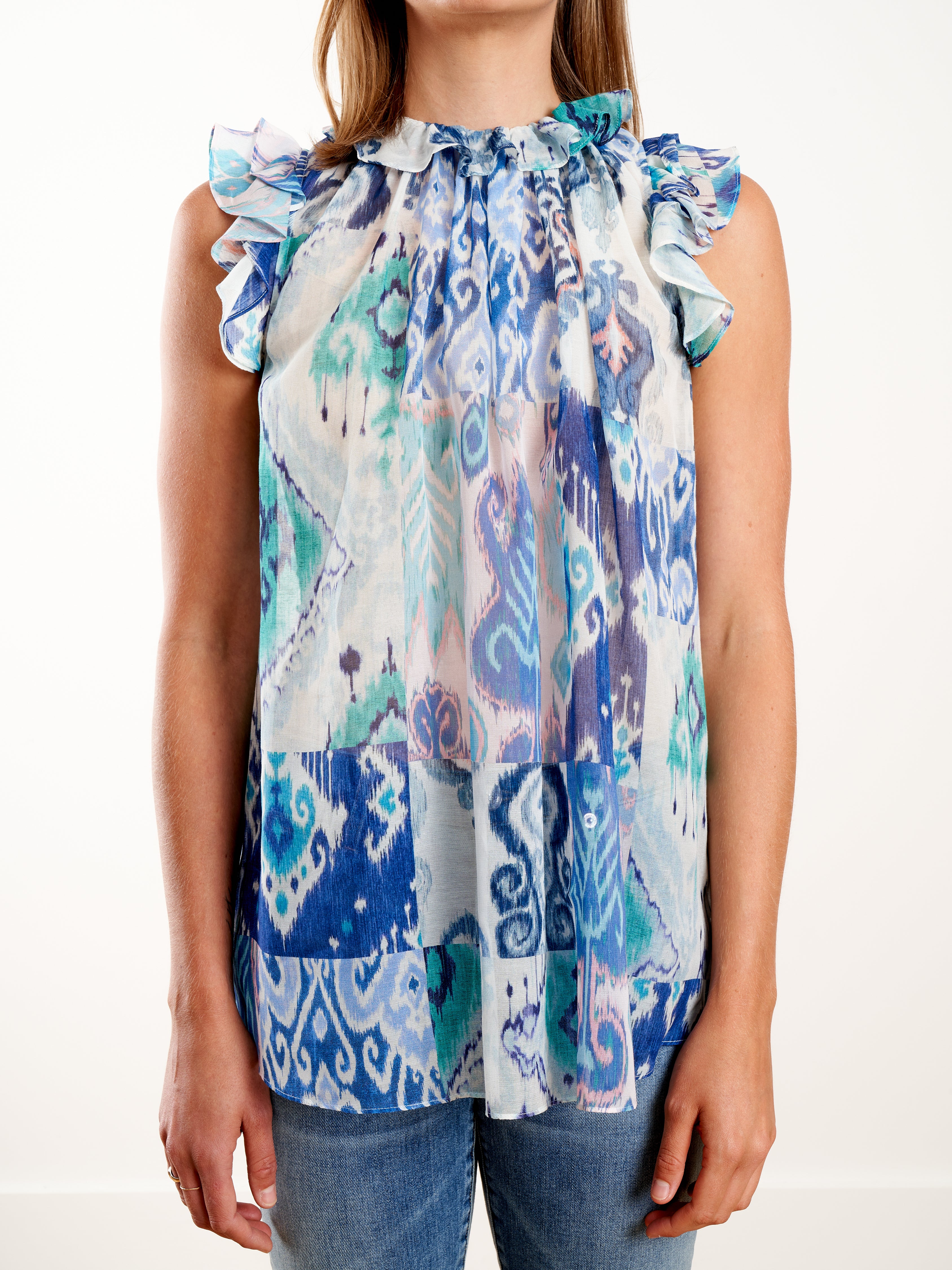 glassy ruffle tank - blue ikat patch - Image 3