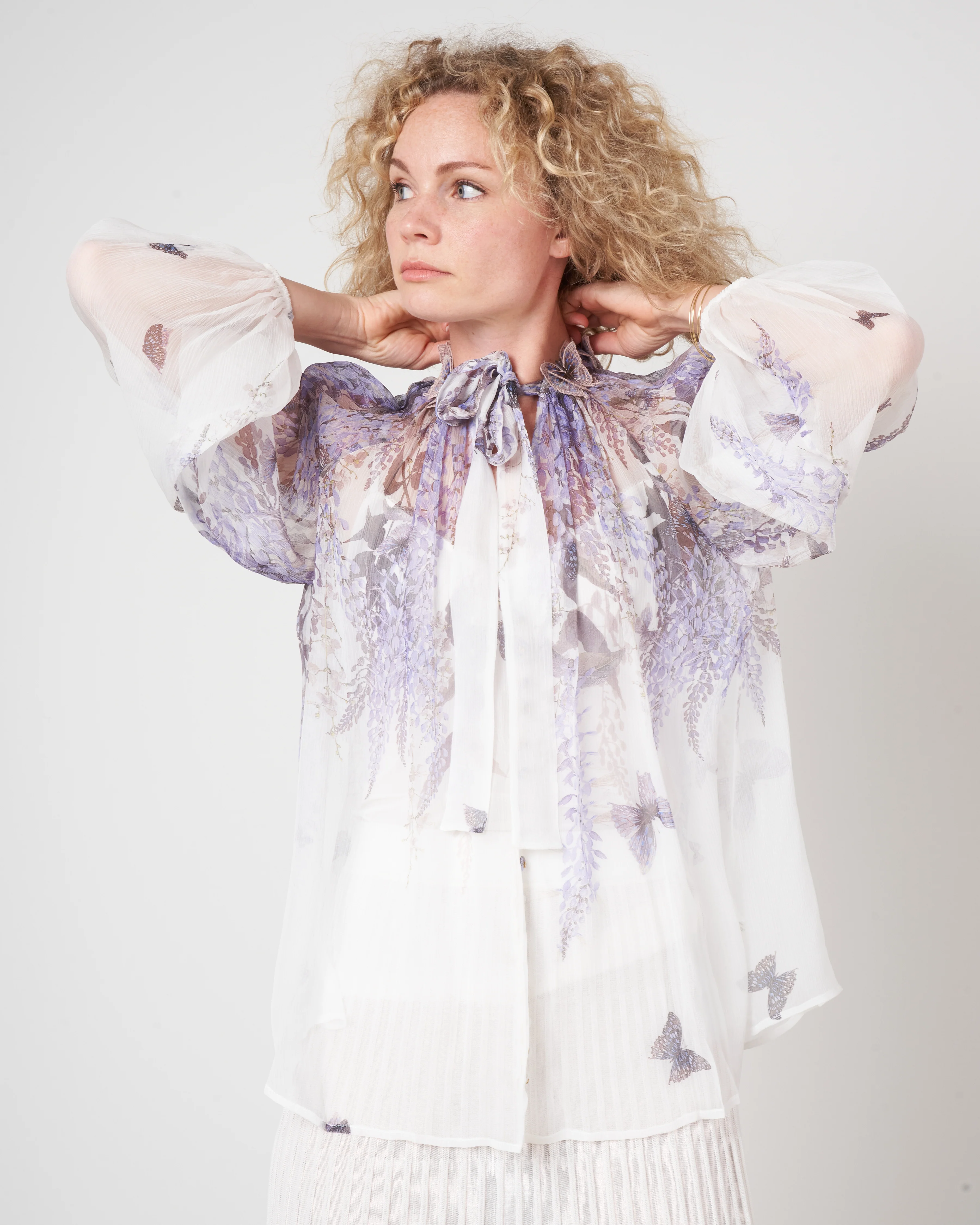 luminous lantern sleeve blouse - ivory lavender tea - Image 3