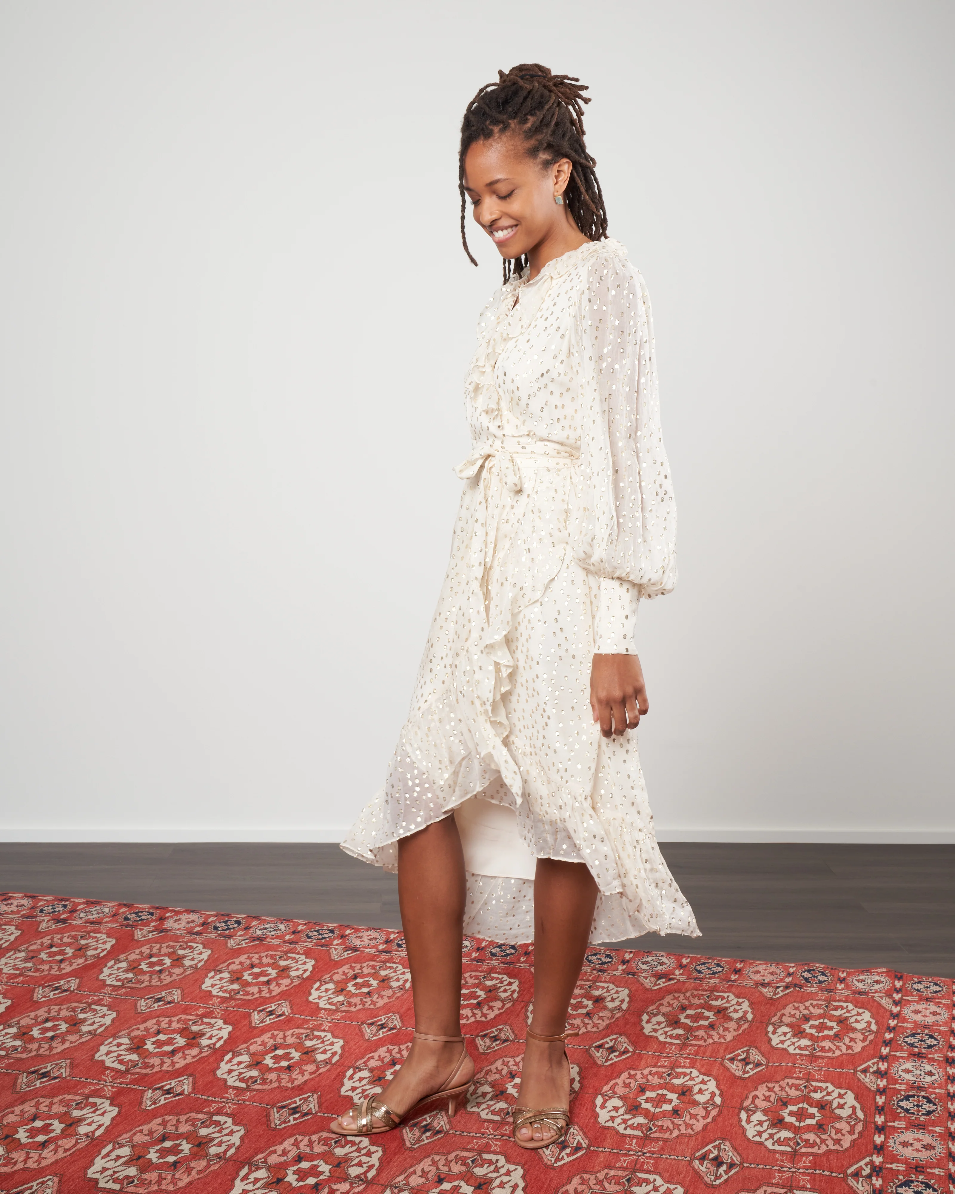 lurex wrap midi dress - cream/gold - Image 2