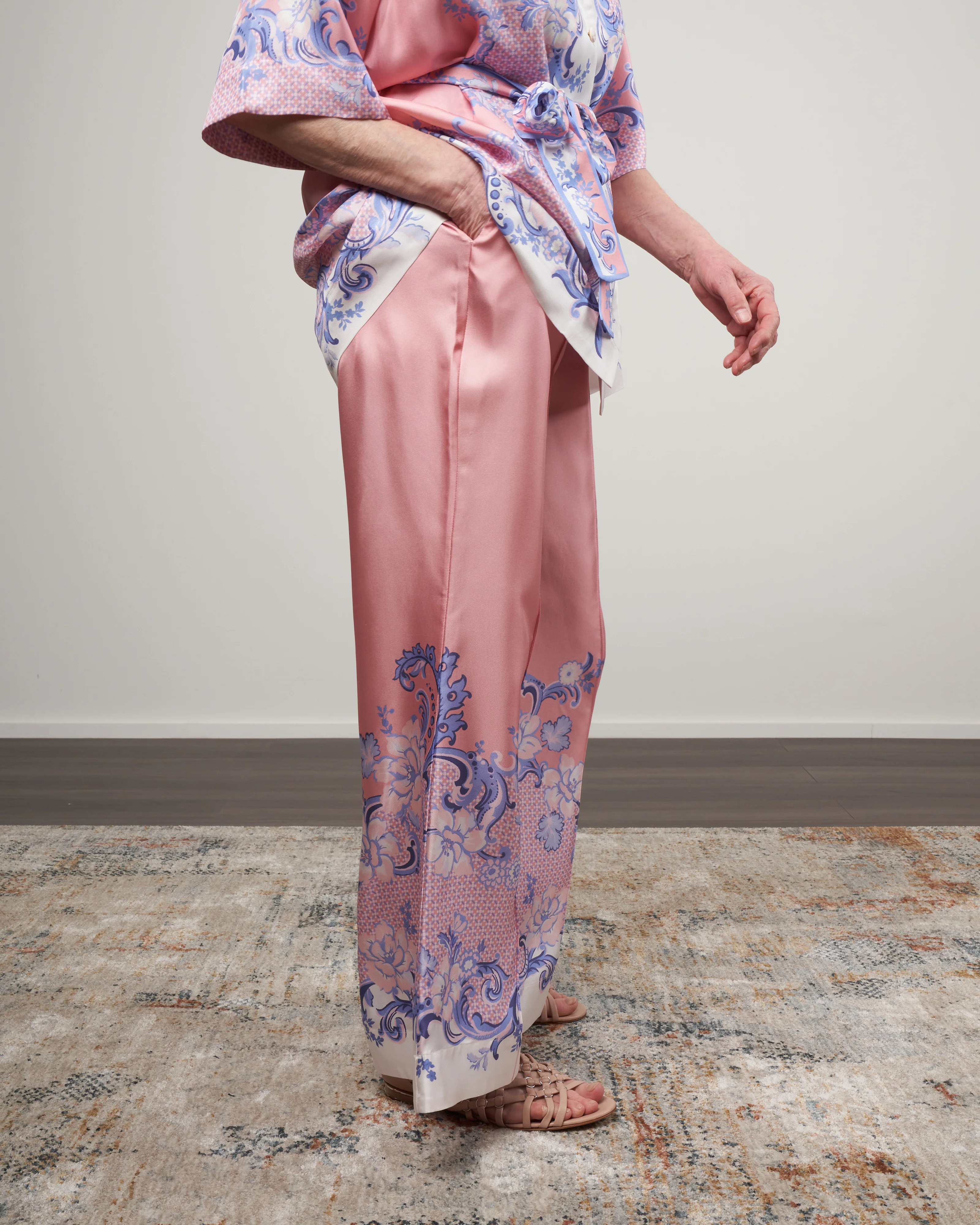 postcard silk kick flare pants - swirl floral coral - Image 3