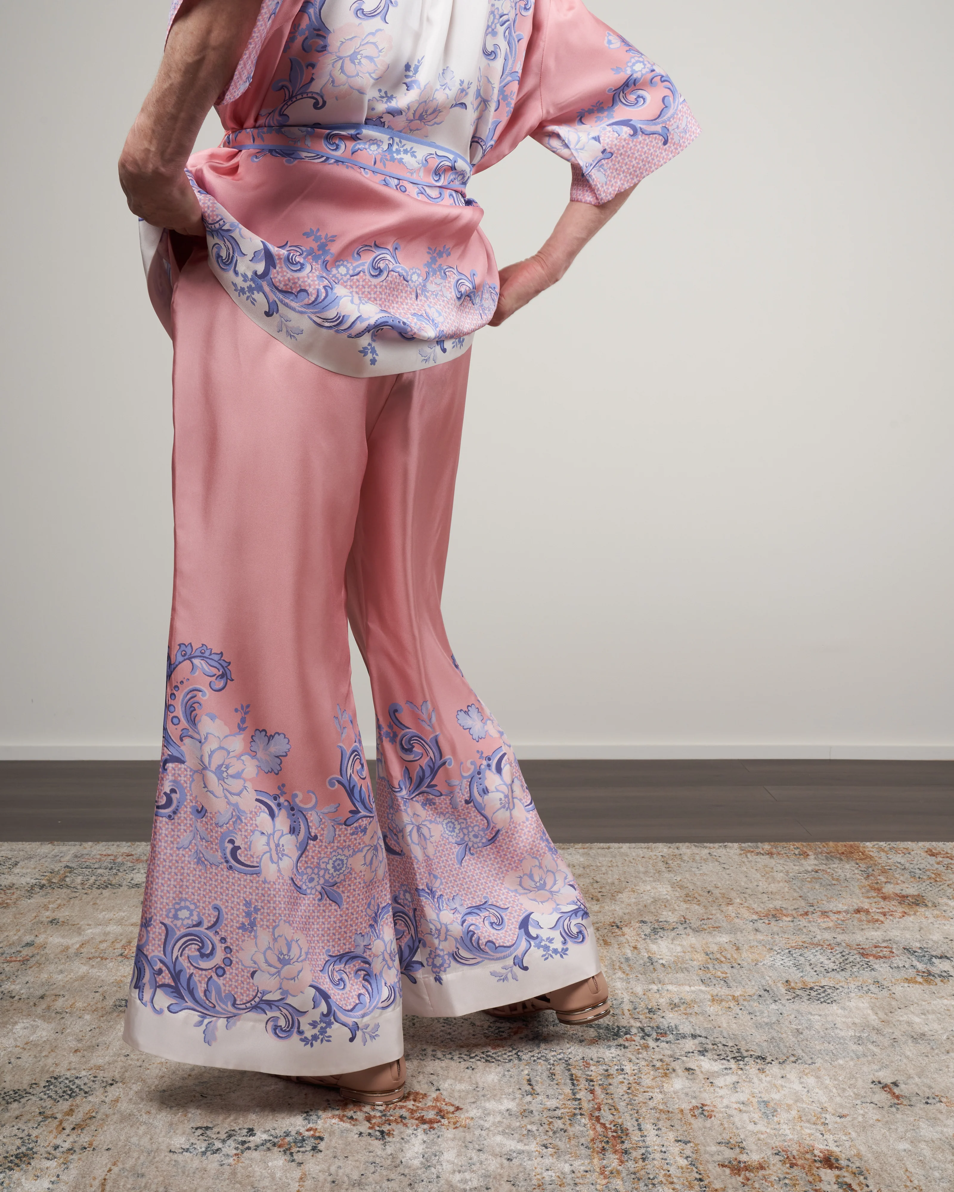 postcard silk kick flare pants - swirl floral coral - Image 4