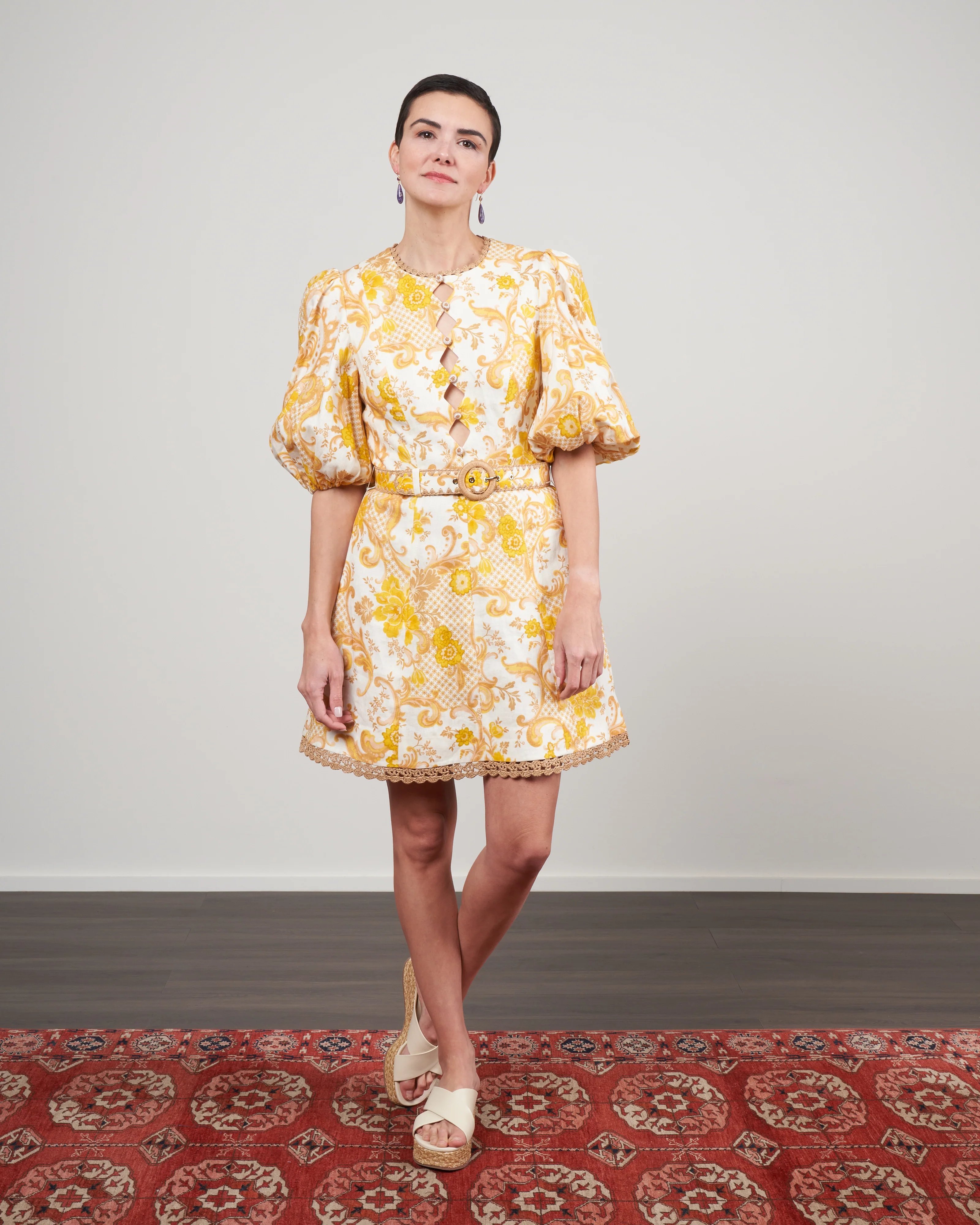 postcard mini dress - swirl floral yellow