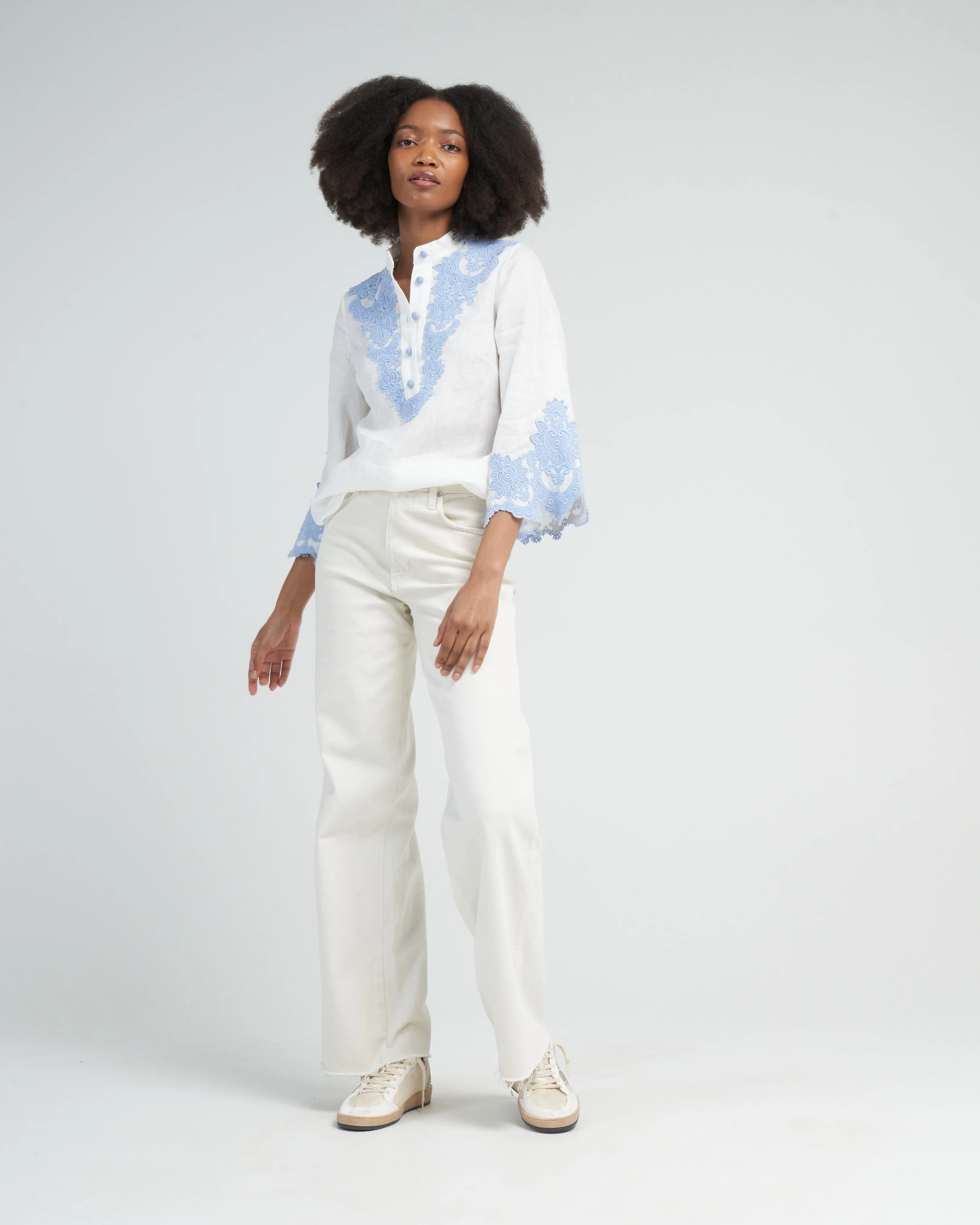 raie embroidered trim top - ivory/blue - Image 2