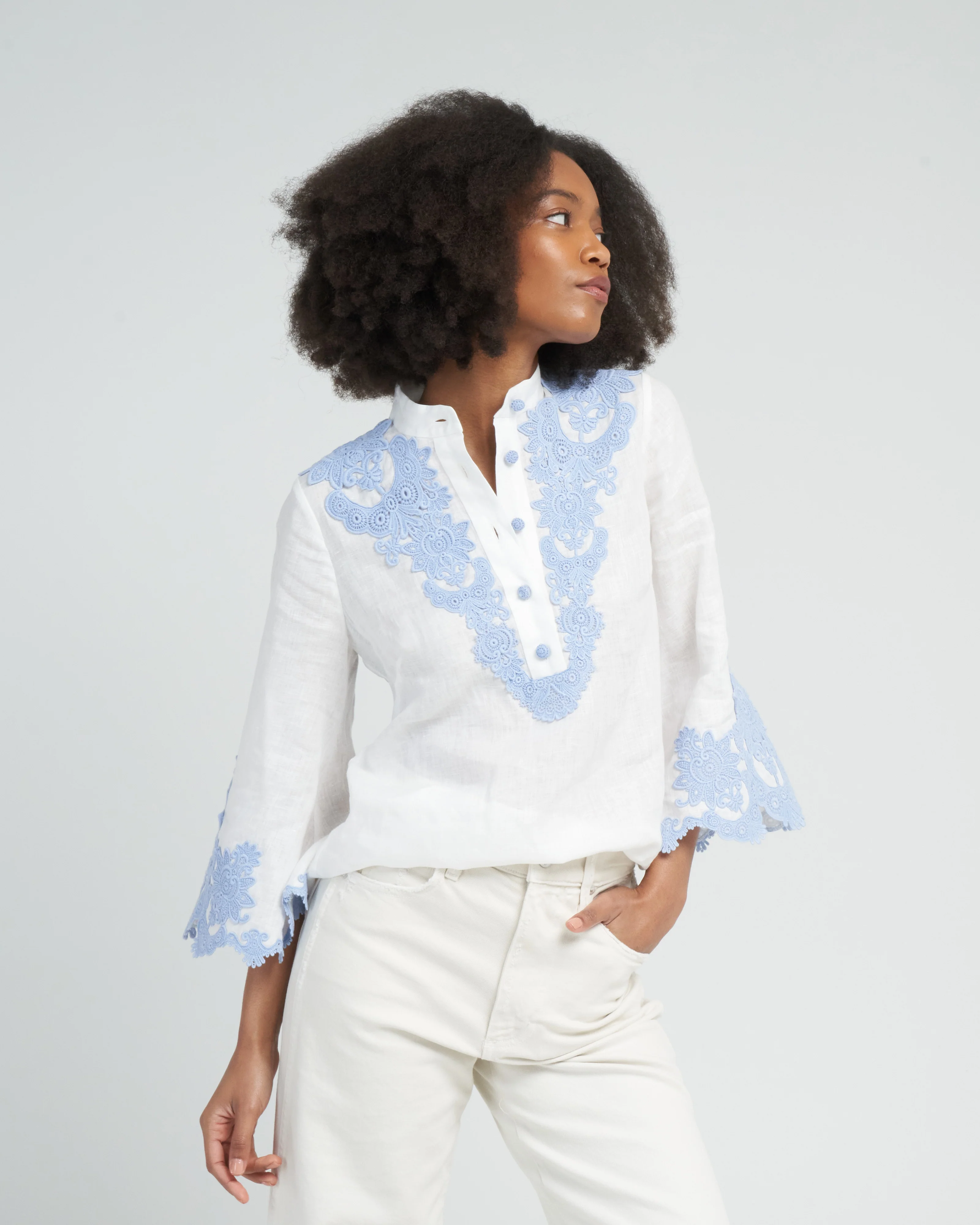 raie embroidered trim top - ivory/blue - Image 3