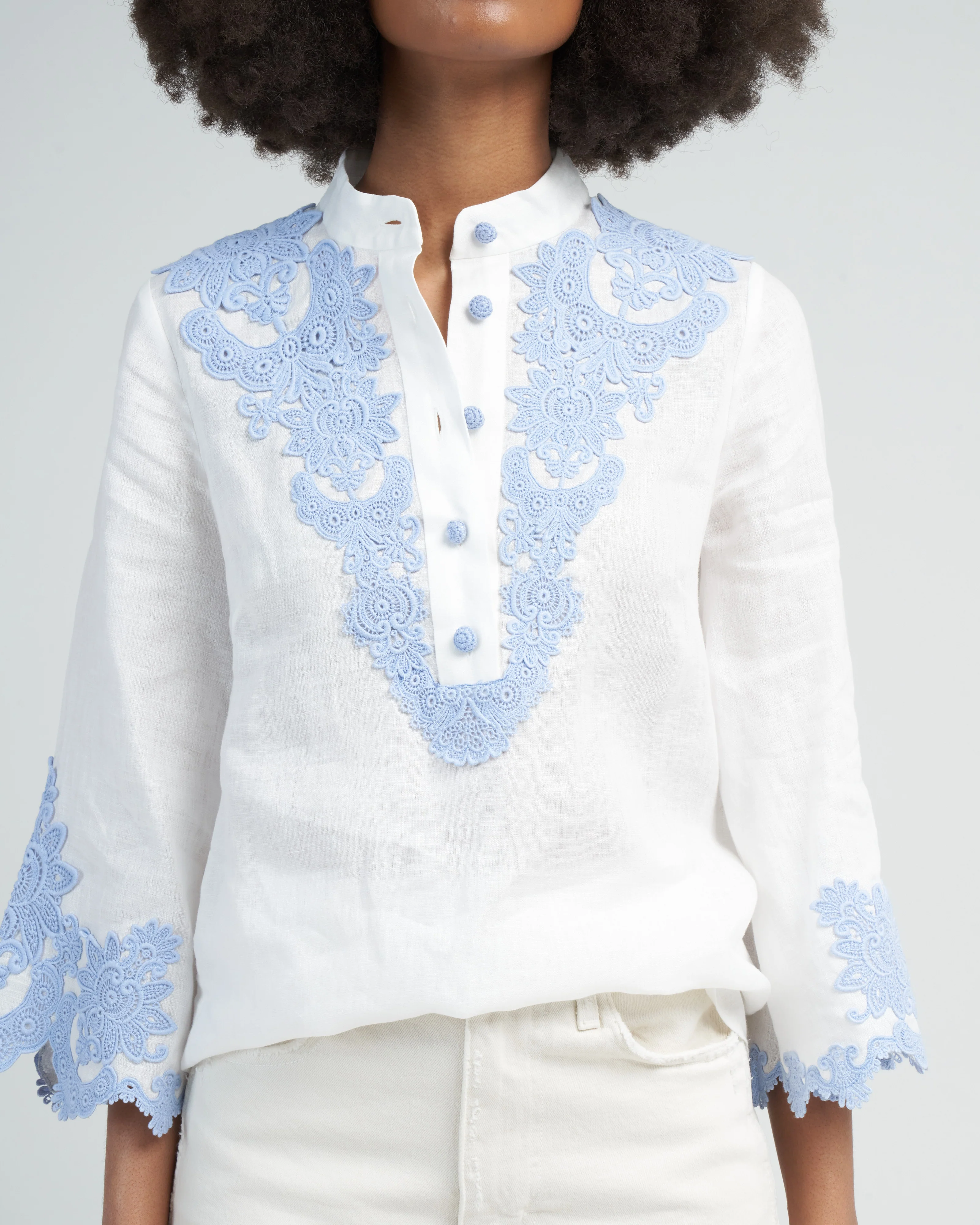 raie embroidered trim top - ivory/blue - Image 5