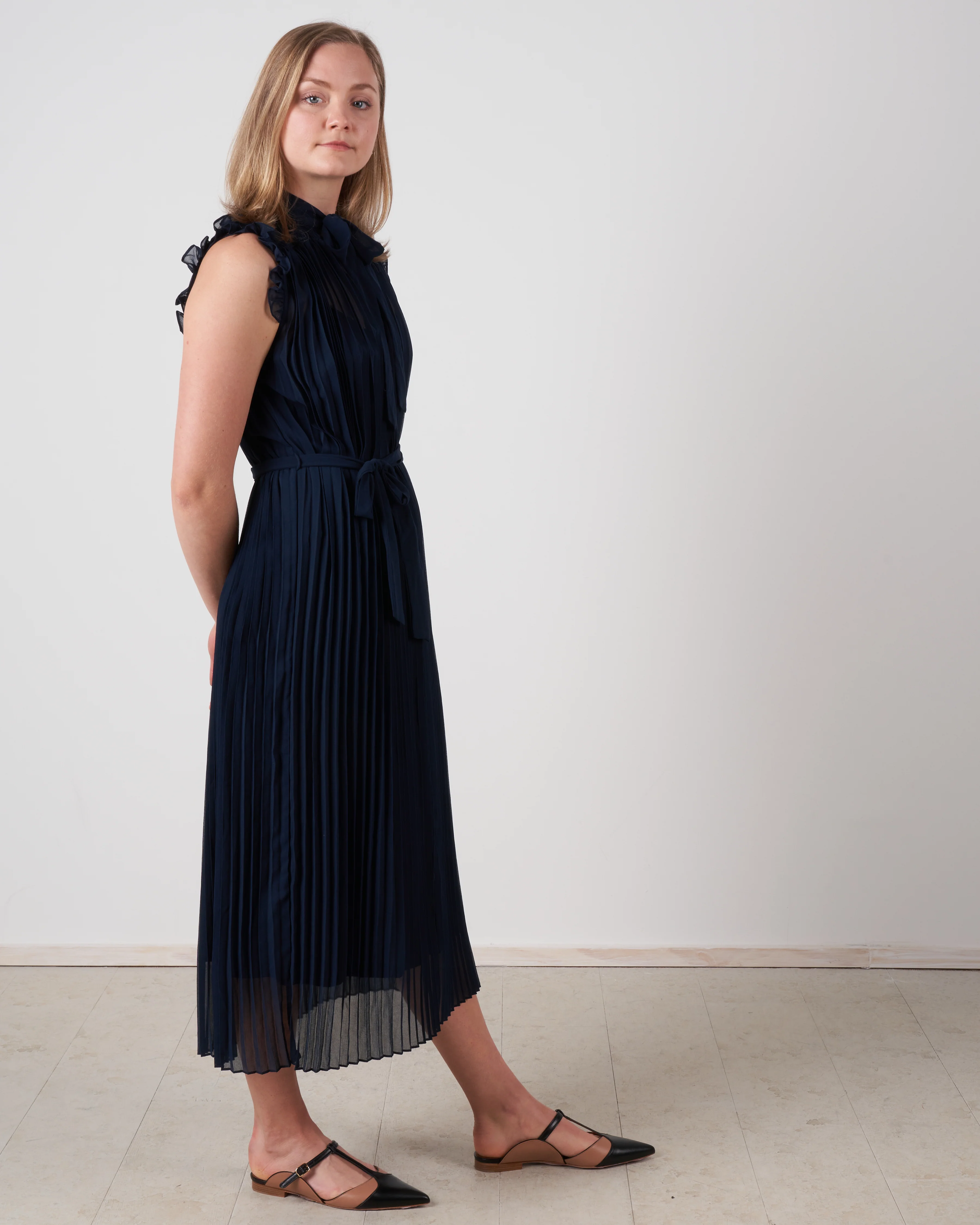 shirred pleat swing midi - navy - Image 2